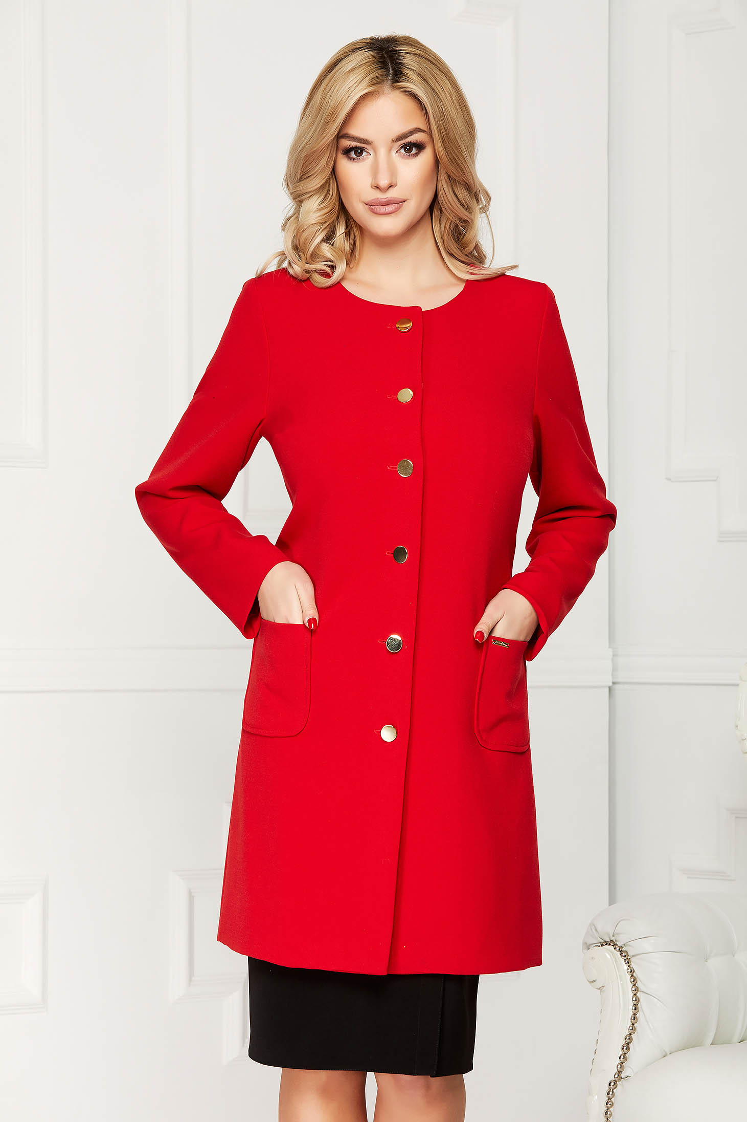 Trench rosu elegant din stofa cu un croi drept cu buzunare
