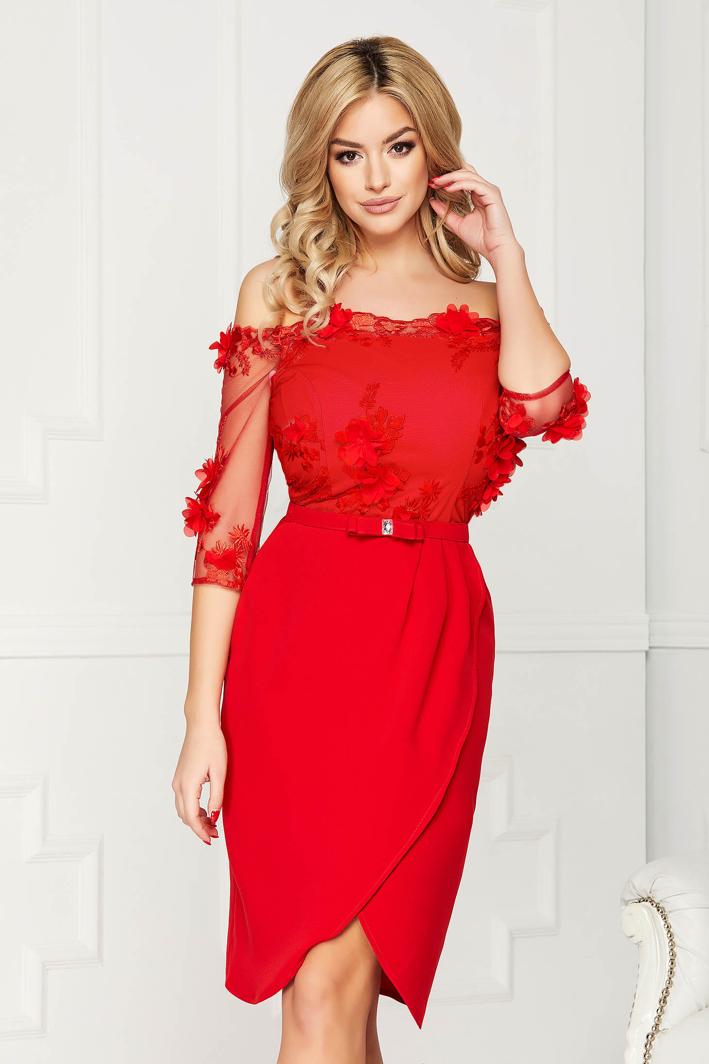 off shoulder pencil cut dress