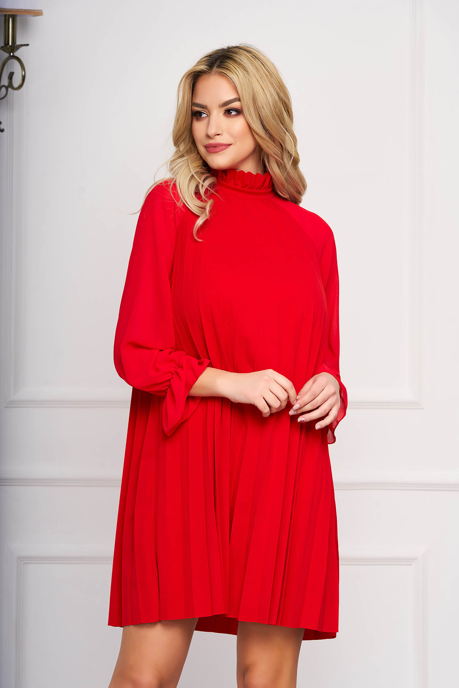 Red dress elegant short cut from veil fabric a-line long sleeved 1 - StarShinerS.com