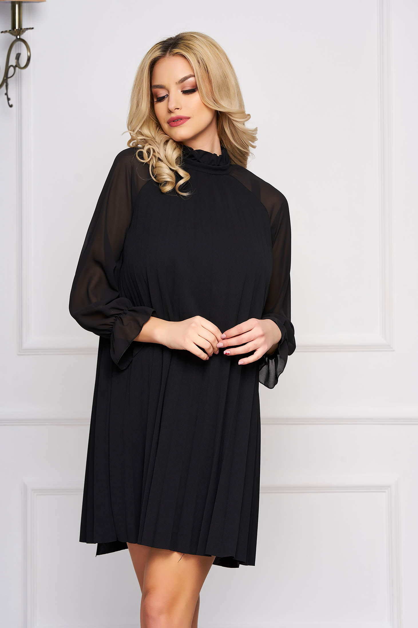 Black dress elegant short cut from veil fabric a-line long sleeved 1 - StarShinerS.com