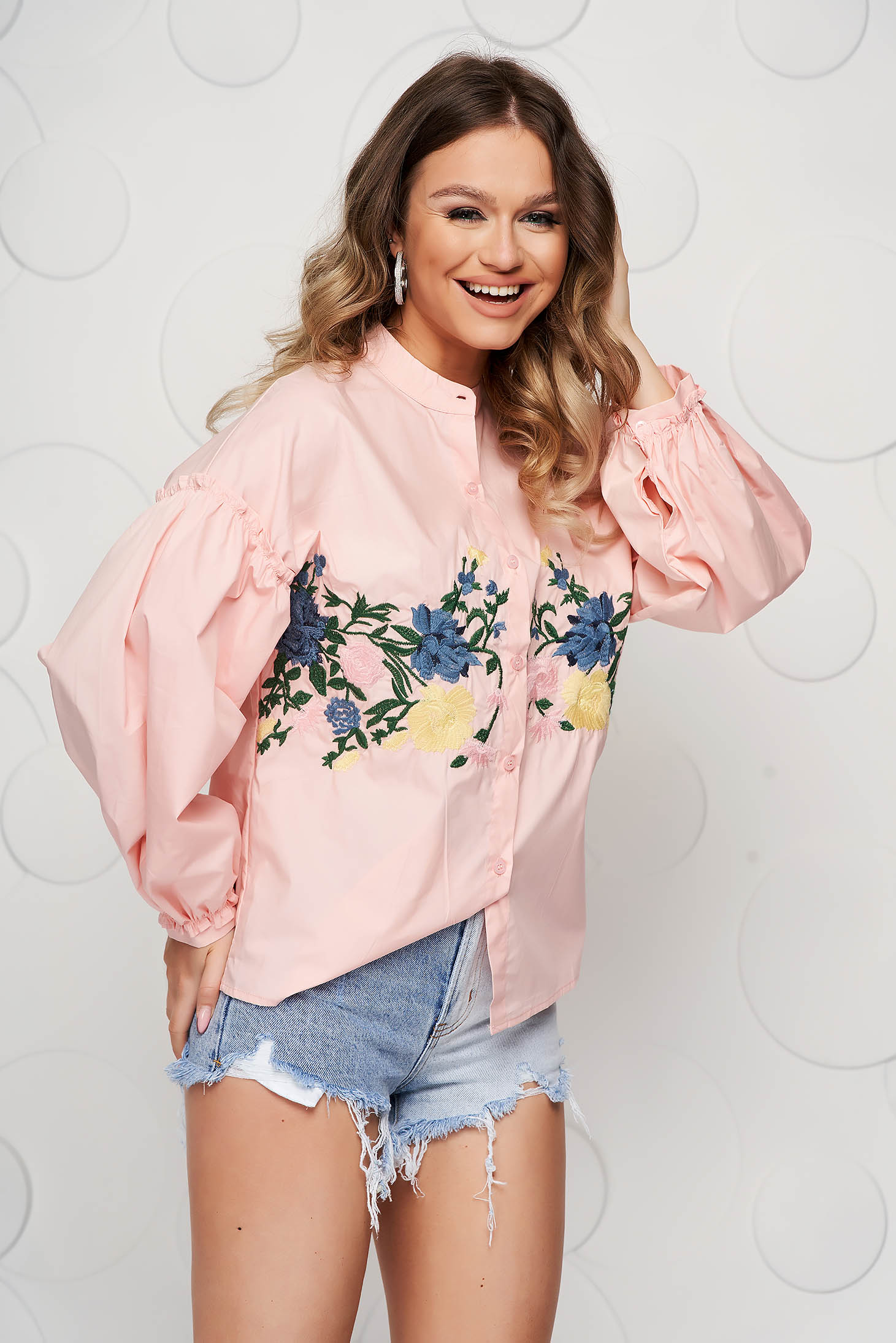 Camasa dama SunShine piersica casual brodata din bumbac cu maneci bufante
