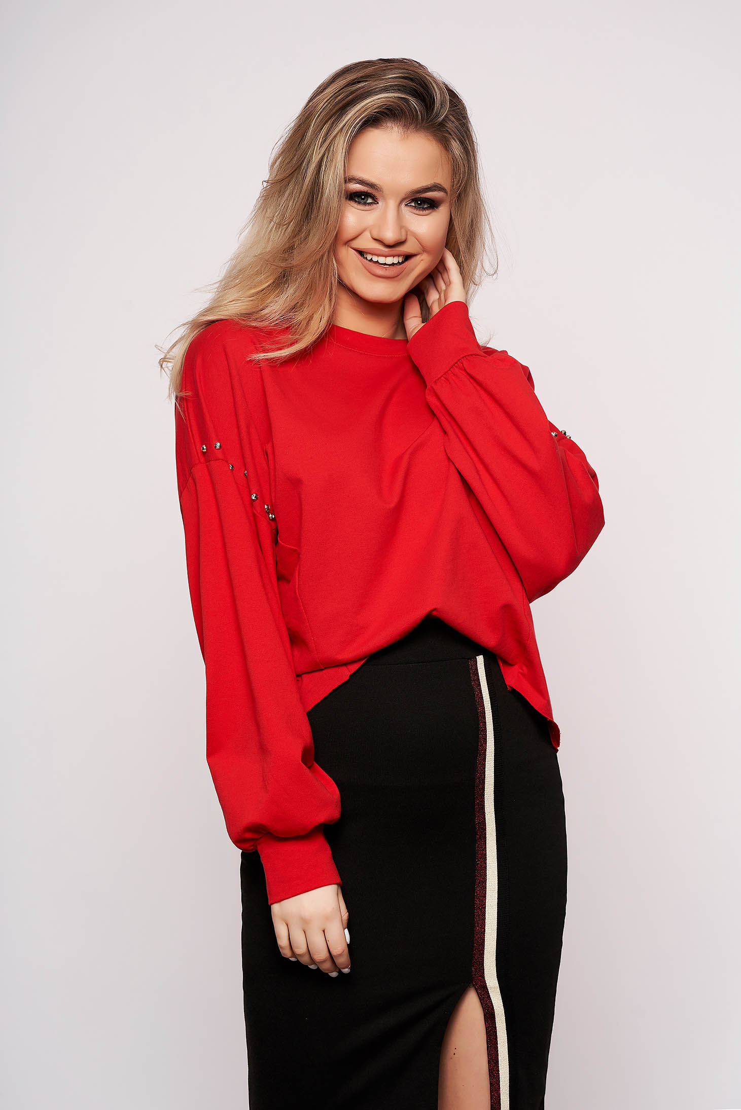 Red women`s blouse casual cotton short cut flared with crystal embellished details 1 - StarShinerS.com