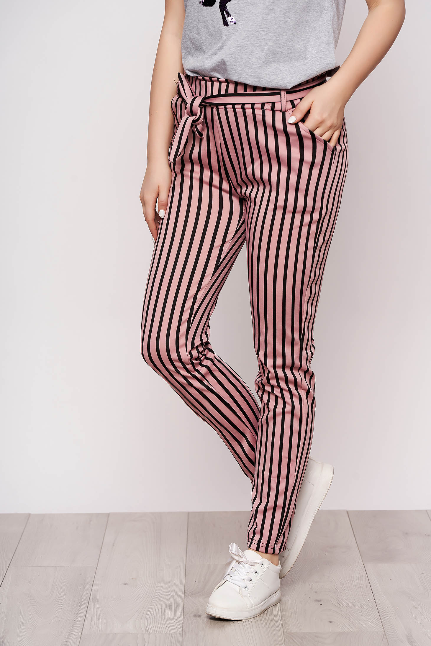 Pink csíkos casual zsebes nadrág vékony anyagból eltávolítható övvel