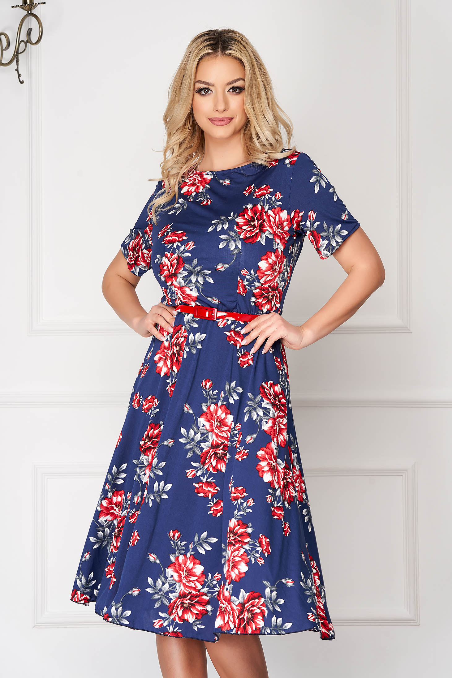 Rochie StarShinerS albastra midi in clos cu maneci scurte cu accesoriu tip curea