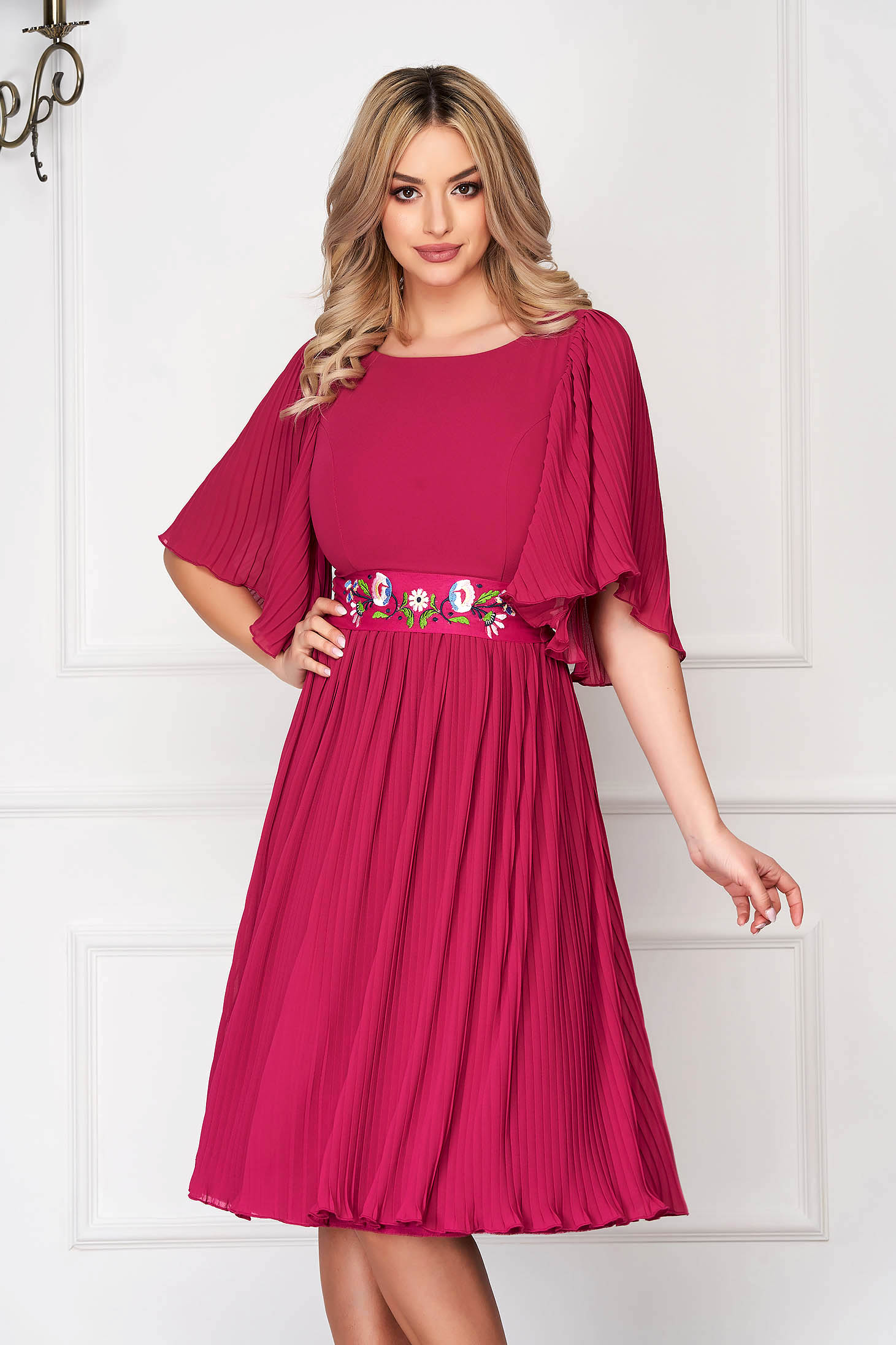 Dress StarShinerS raspberry elegant midi from veil fabric folded up detachable cord