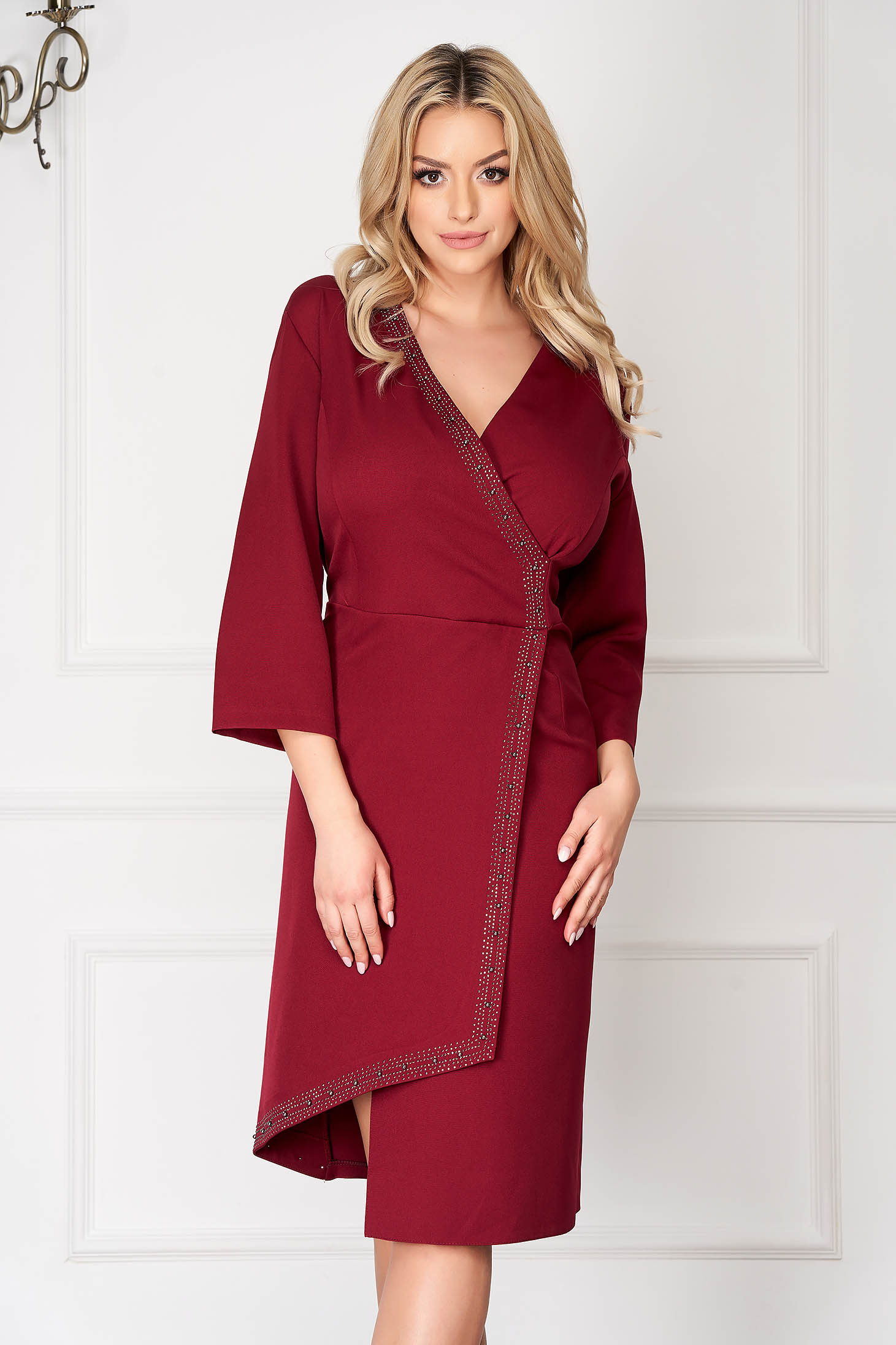 Rochie visinie eleganta midi asimetrica tip creion cu maneci trei-sferturi