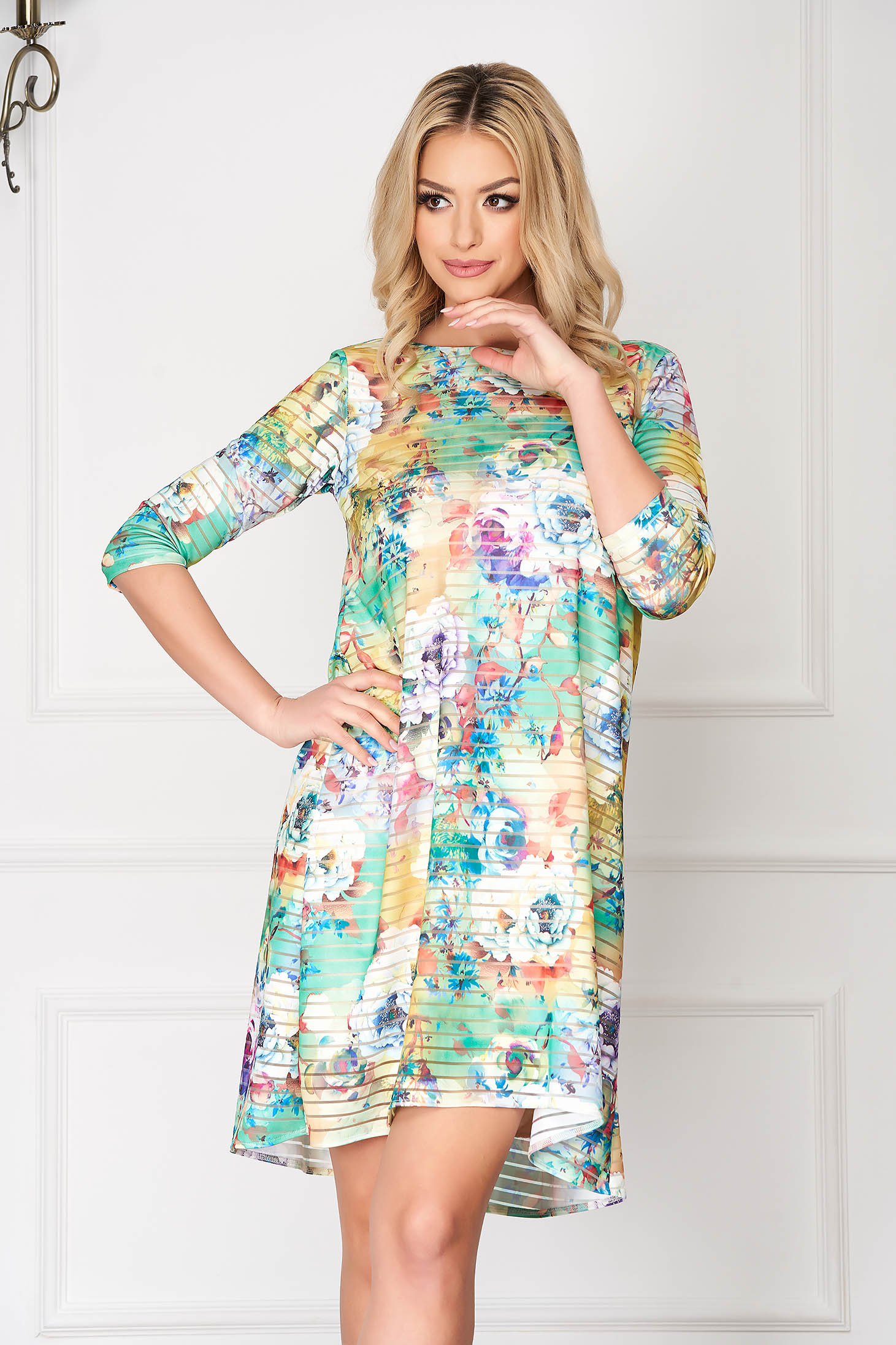 Rochie StarShinerS verde eleganta midi din lycra cu croi larg si imprimeu floral