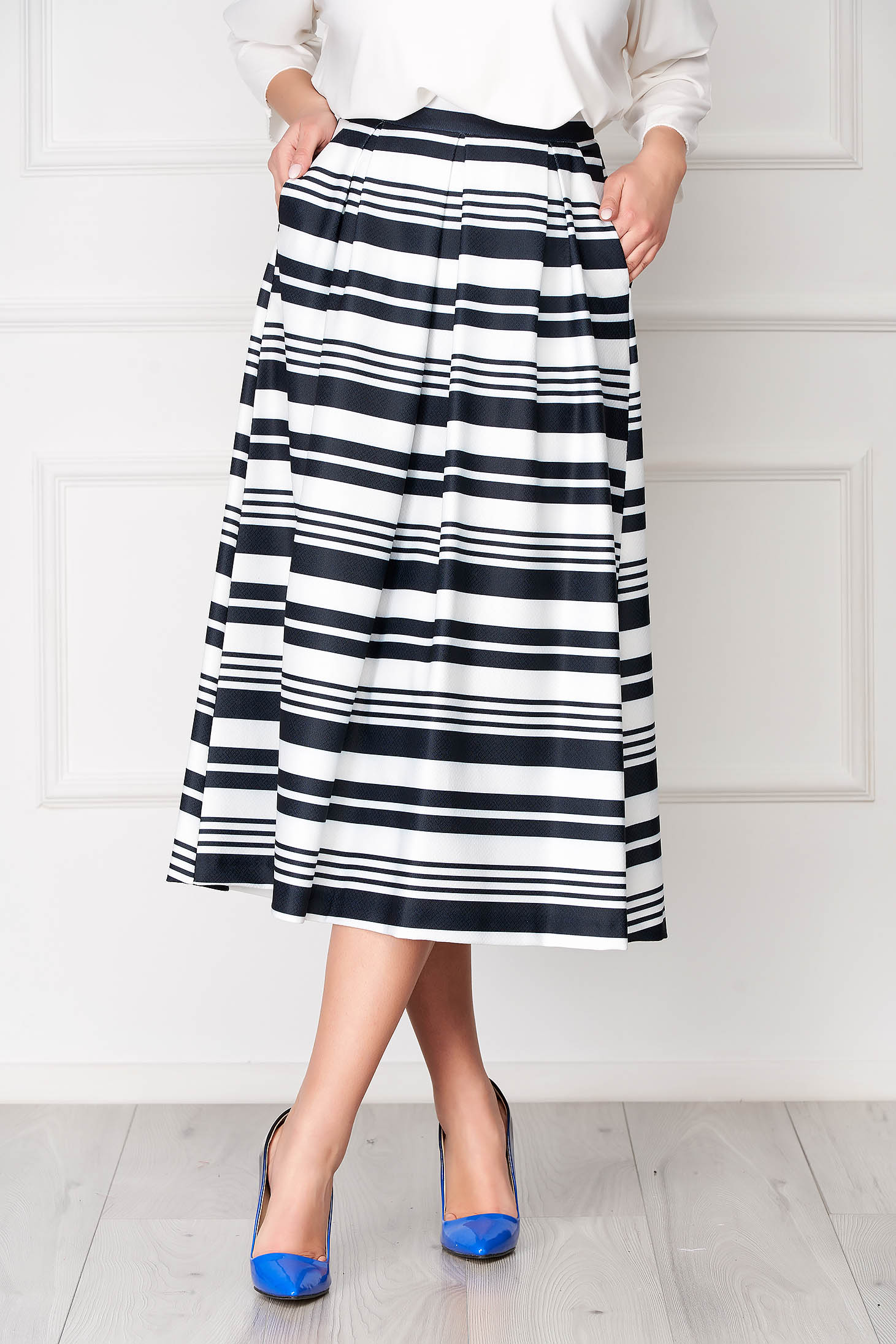 StarShinerS darkblue skirt office midi cloche with pockets with stripes 1 - StarShinerS.com