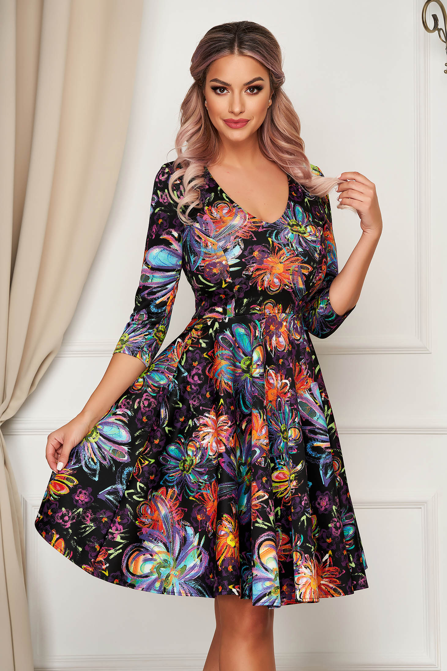 Rochie StarShinerS mov midi de zi in clos din scuba cu maneci trei-sferturi