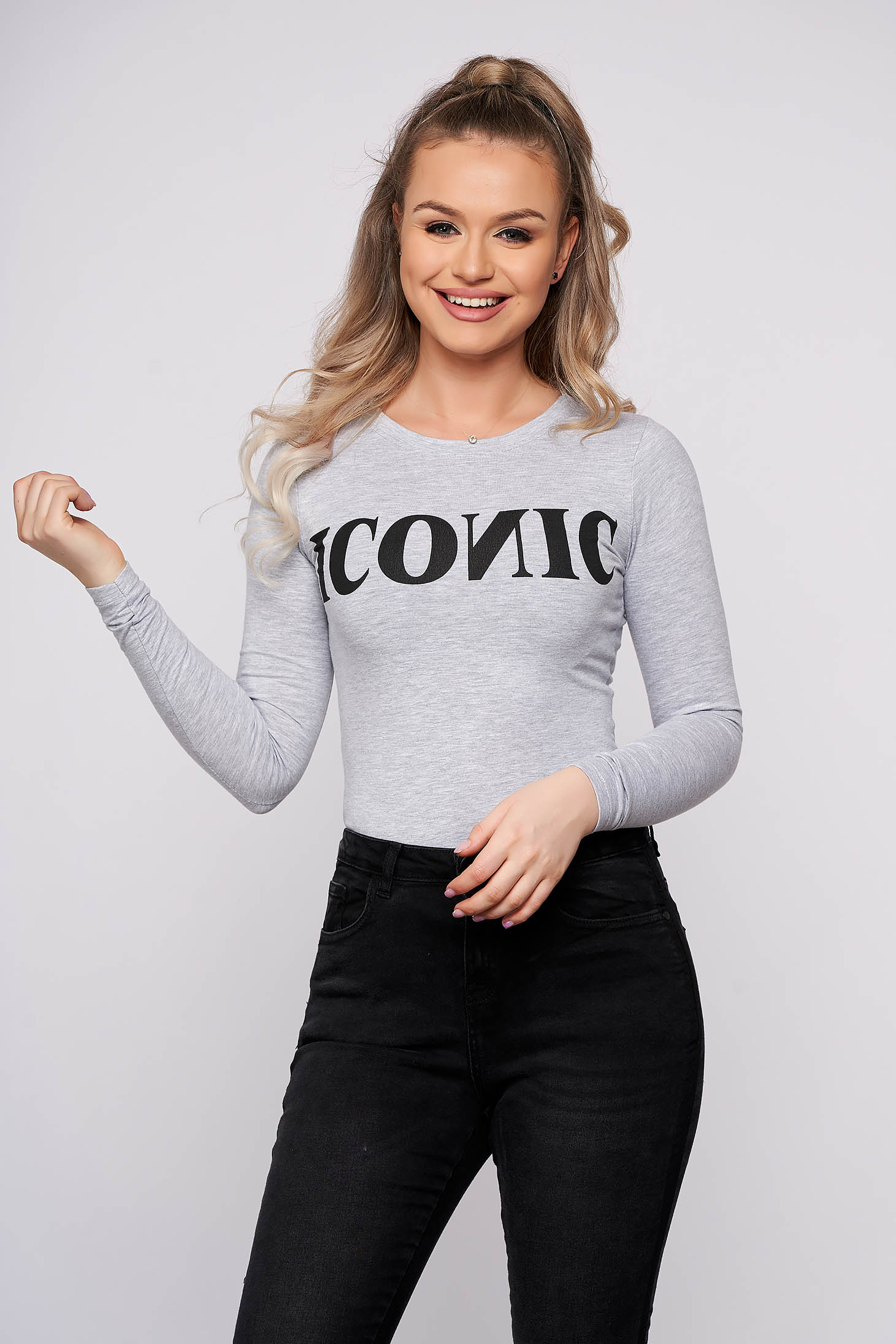 Body SunShine gri basic din bumbac cu croi mulat si imprimeu cu mesaje