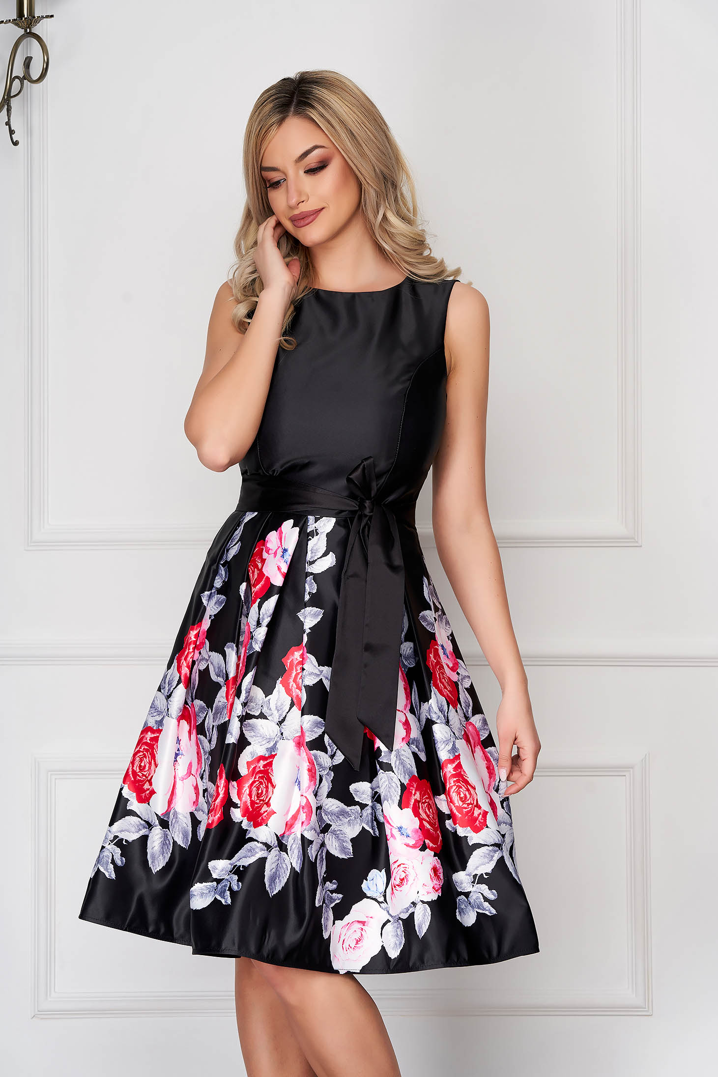 Pink dress occasional midi from satin sleeveless with floral print