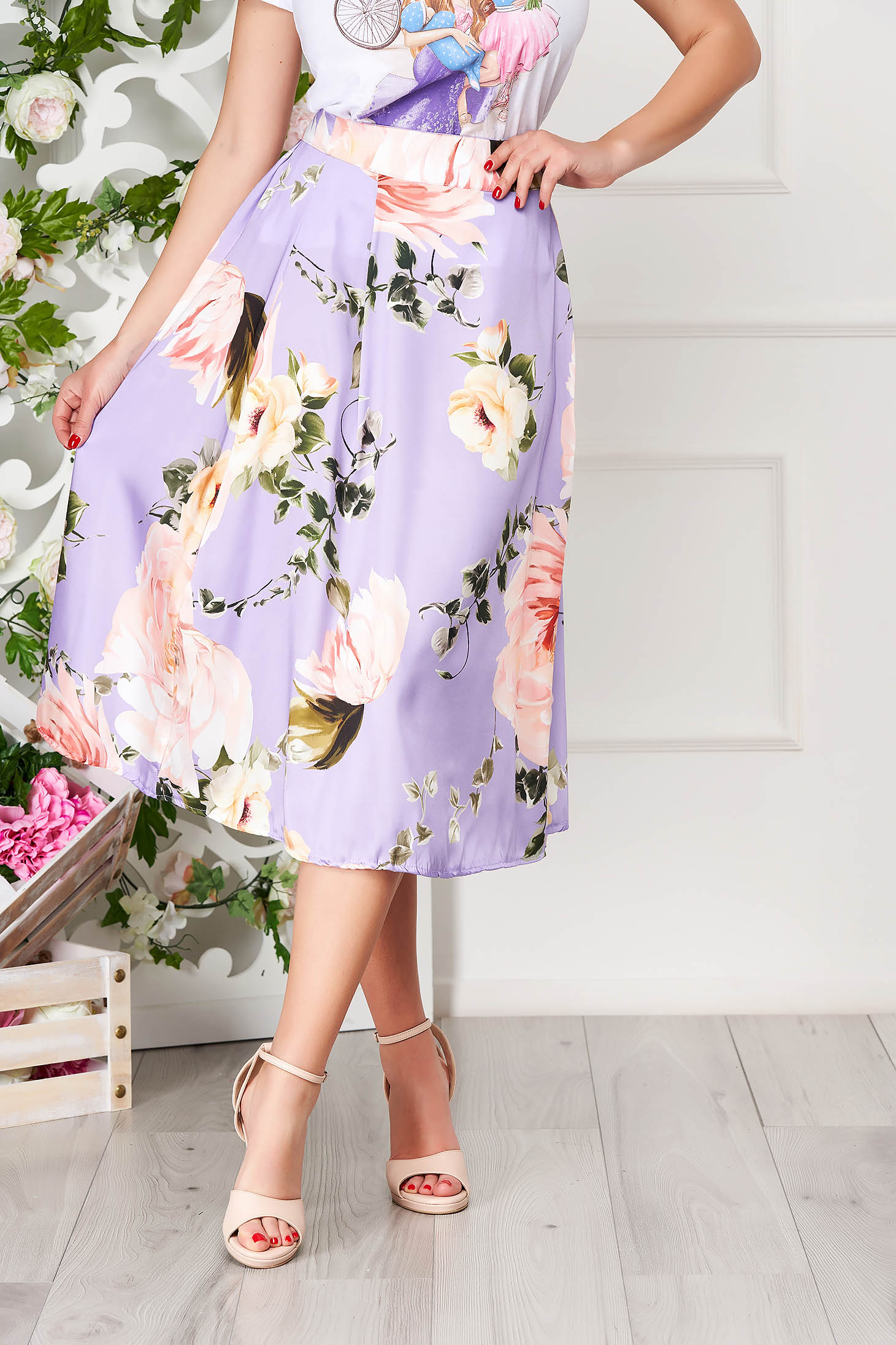 Fusta SunShine mov eleganta midi in clos cu imprimeu floral