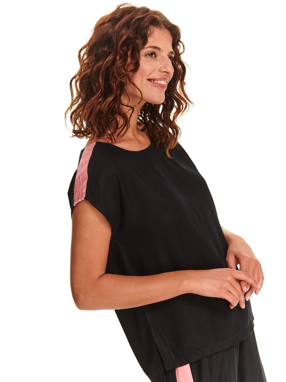 Black women`s blouse short sleeve casual with easy cut airy fabric