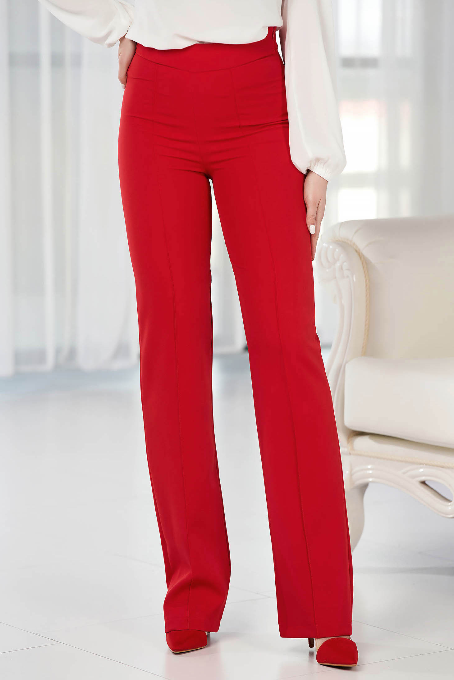 Red flared long trousers made of slightly elastic fabric with high waist - StarShinerS 1 - StarShinerS.com
