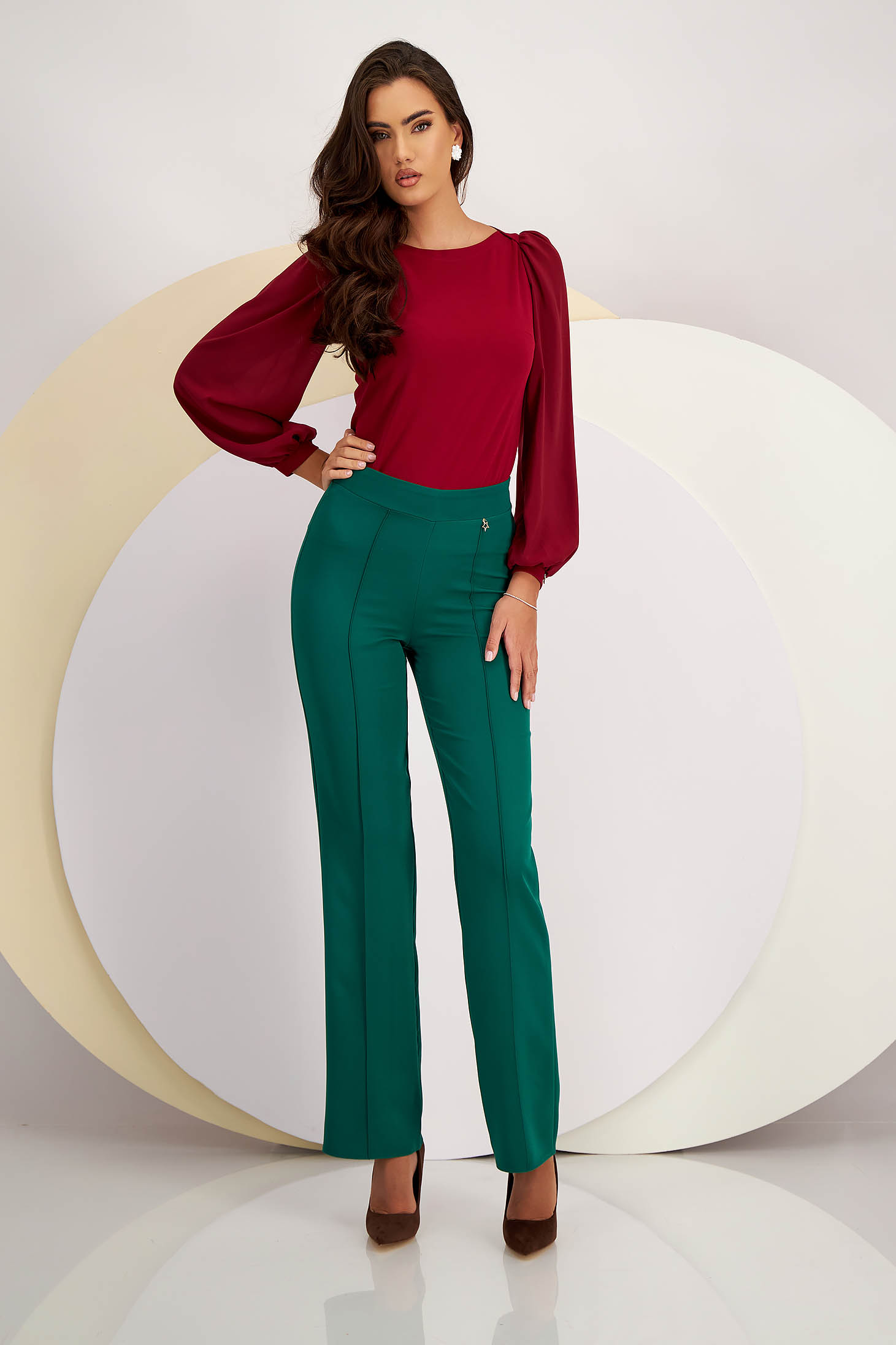 Green trousers flared slightly elastic fabric long - StarShinerS high waisted