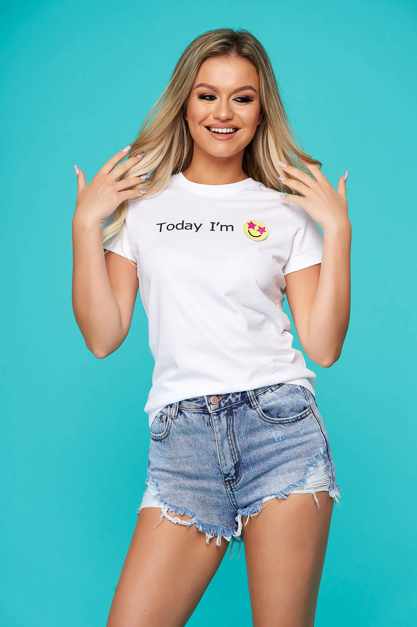 StarShinerS white casual cotton flared t-shirt texted embroidered