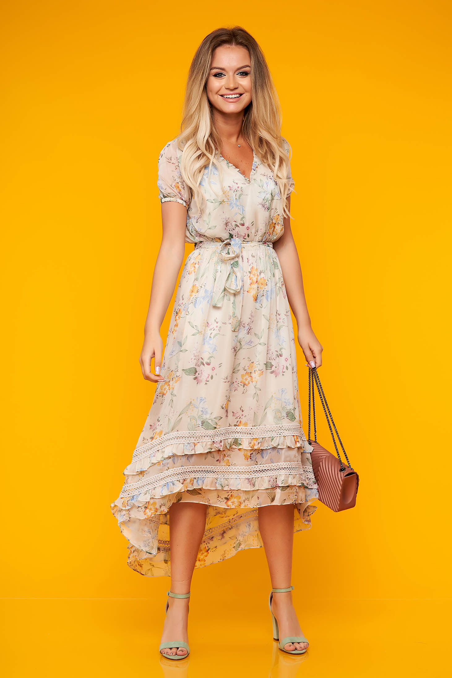 Rochie Top Secret crem asimetrica de zi in clos din voal cu volanase