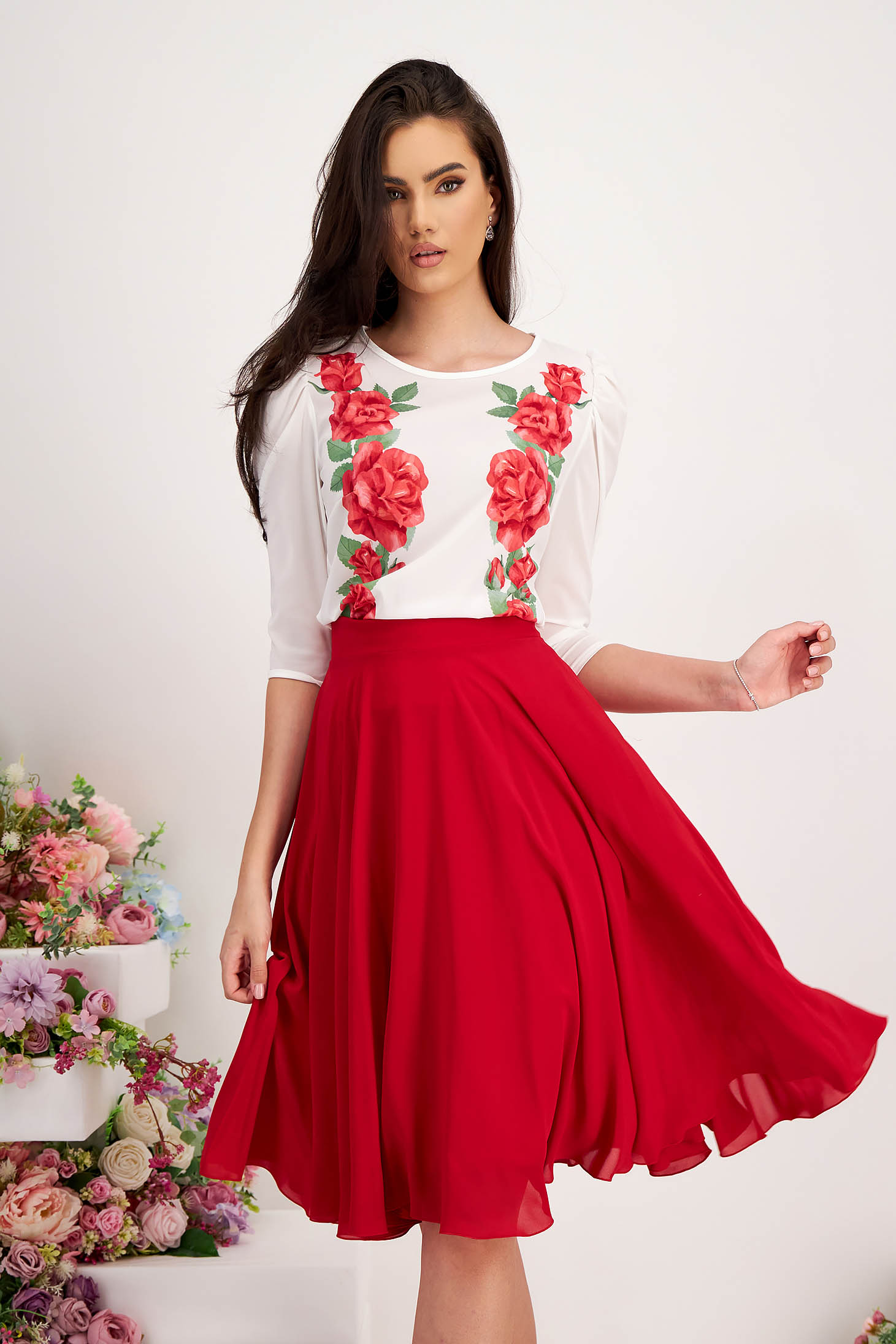 Red Voile Midi Flared Skirt with High Waist - StarShinerS 1 - StarShinerS.com