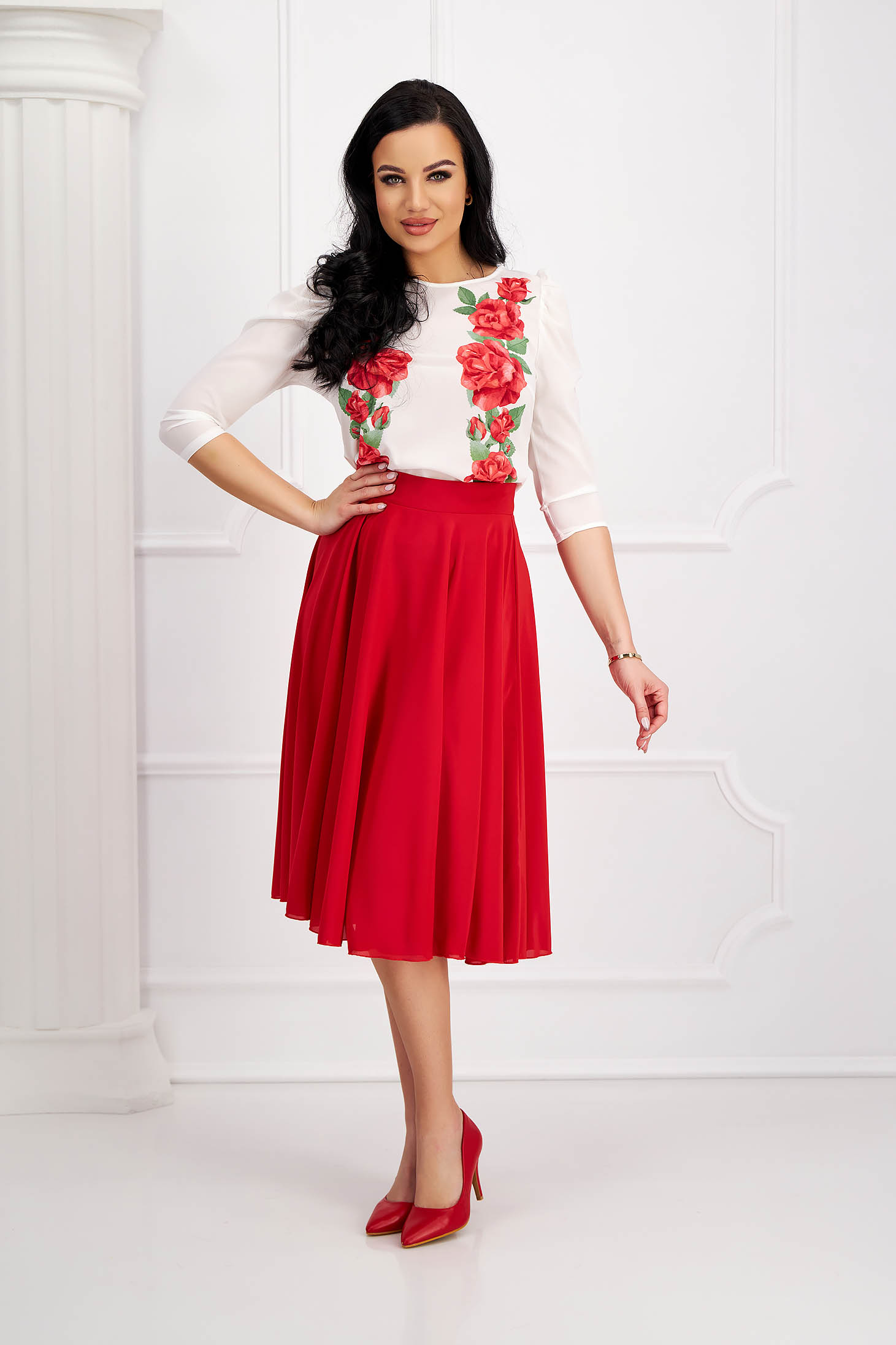 - StarShinerS midi cloche from veil fabric high waisted red skirt