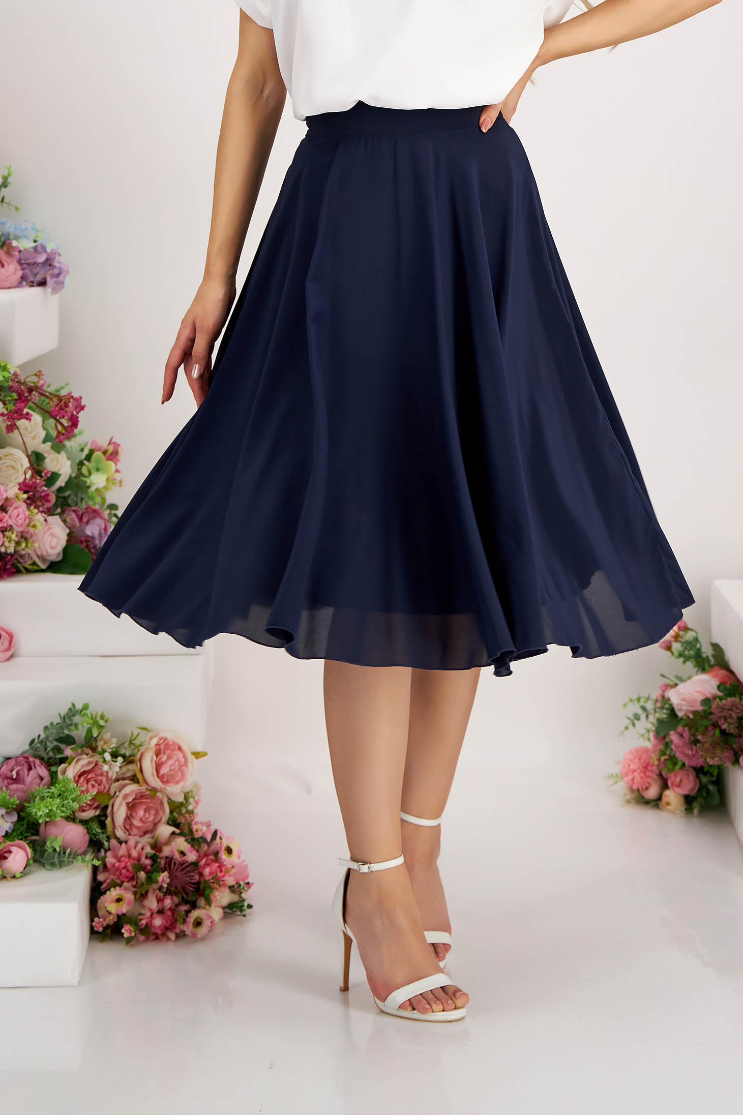 Navy Blue Chiffon Midi Flared Skirt with High Waist - StarShinerS 1 - StarShinerS.com