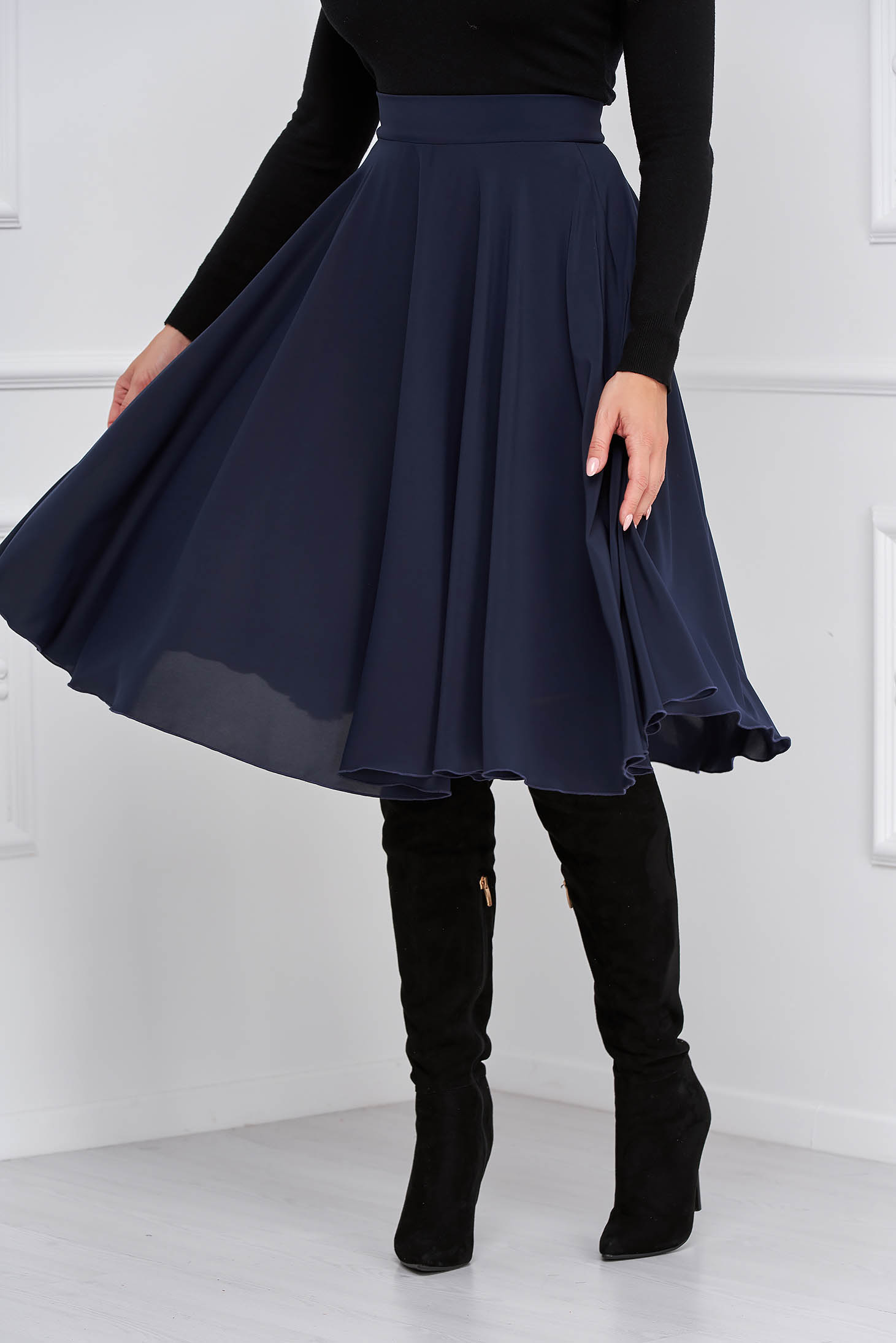 - StarShinerS midi cloche from veil fabric high waisted dark blue skirt