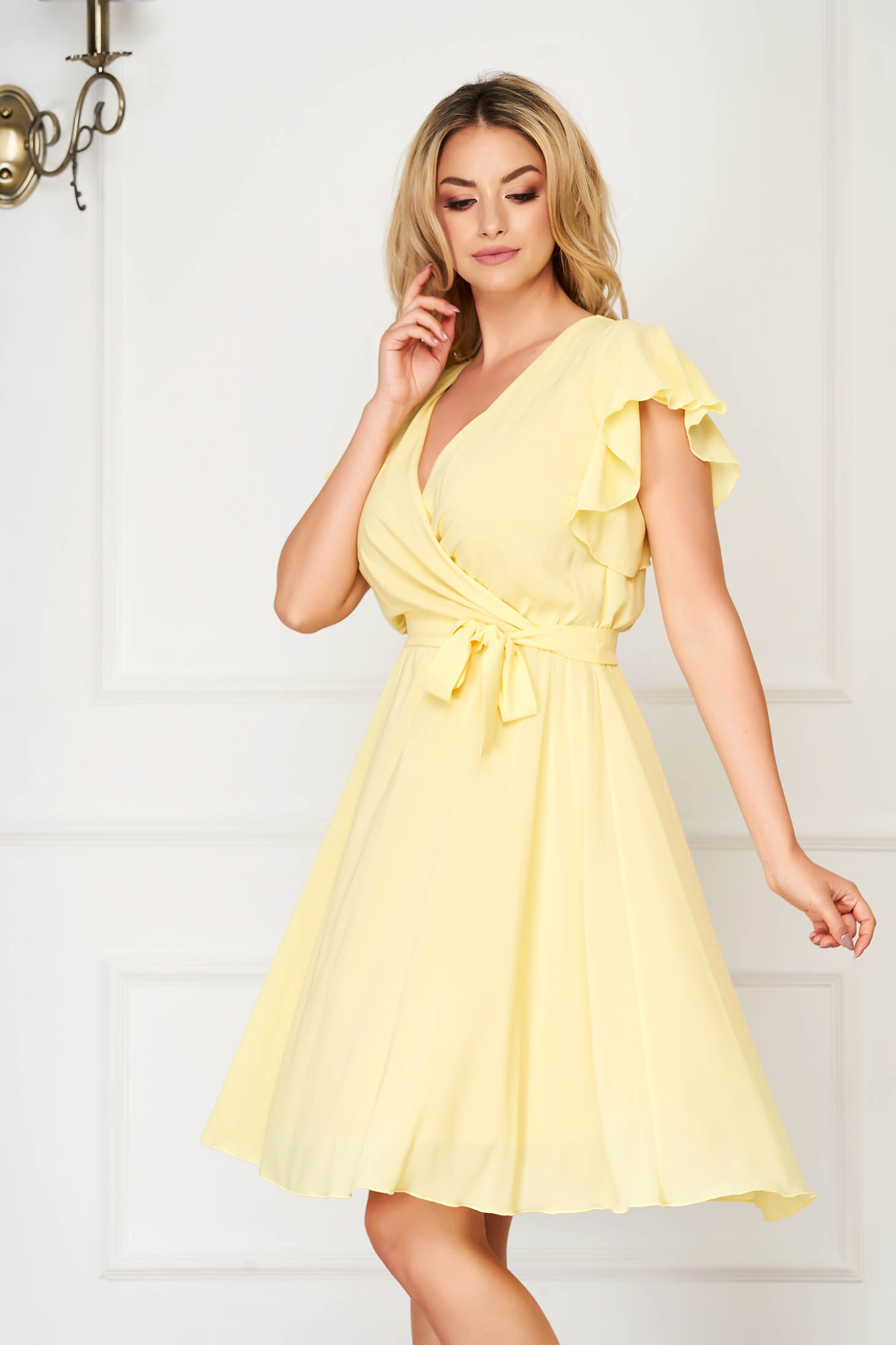 StarShinerS yellow dress elegant midi from veil fabric with deep cleavage 1 - StarShinerS.com