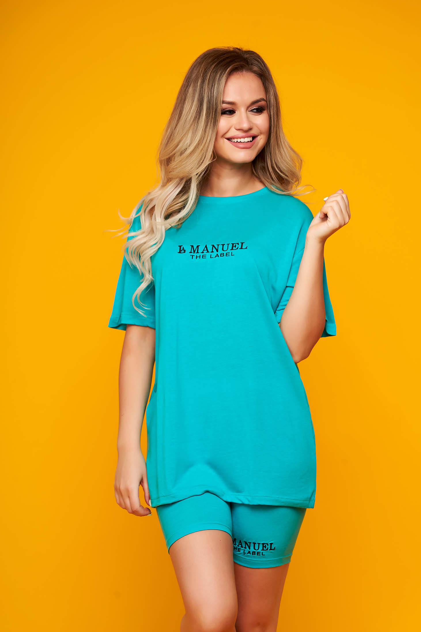 Set sport SunShine turcoaz cu pantaloni din bumbac cu un croi mulat