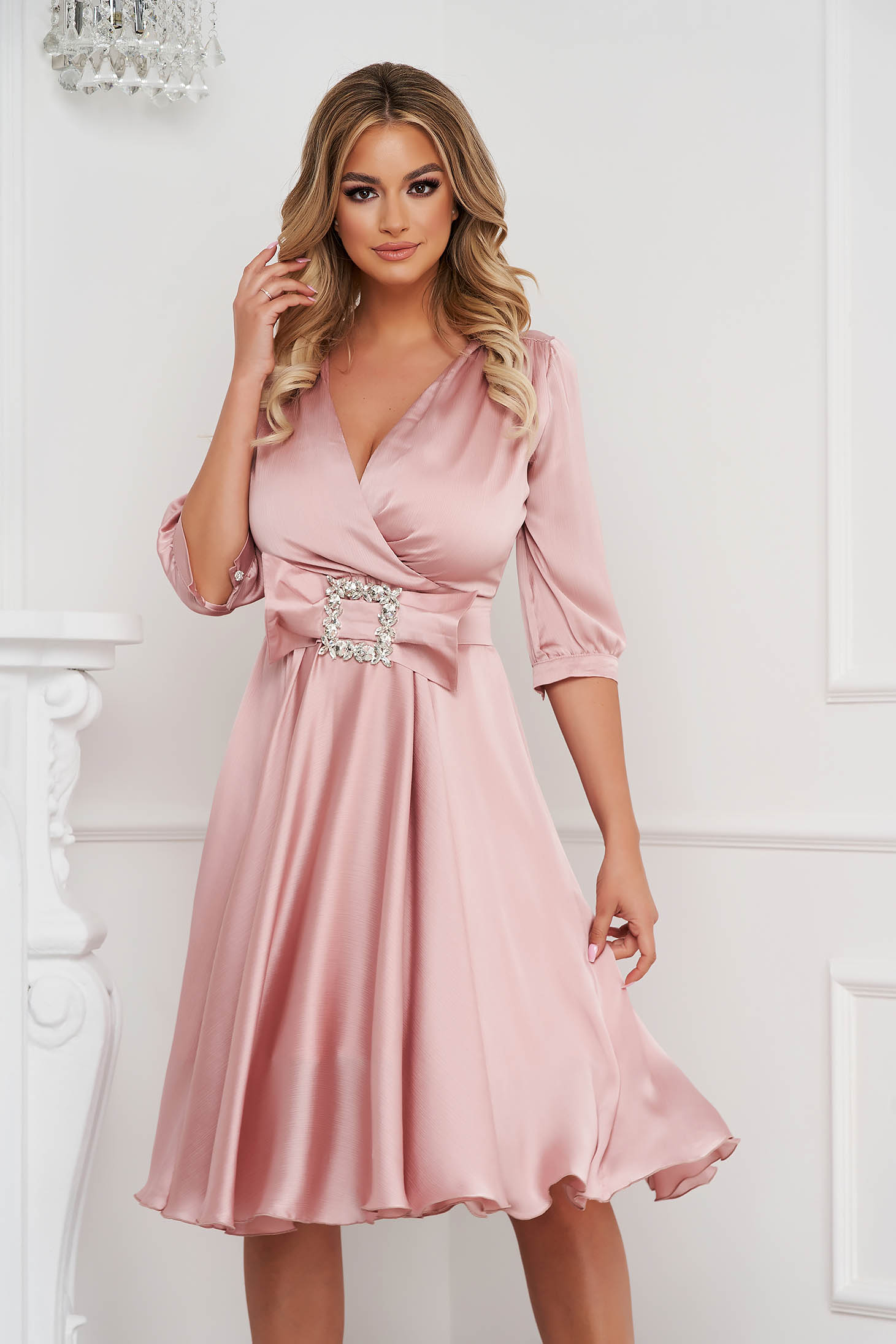 Light Pink Satin Voile Midi Dress in A-line accessorized with a buckle - PrettyGirl 1 - StarShinerS.com