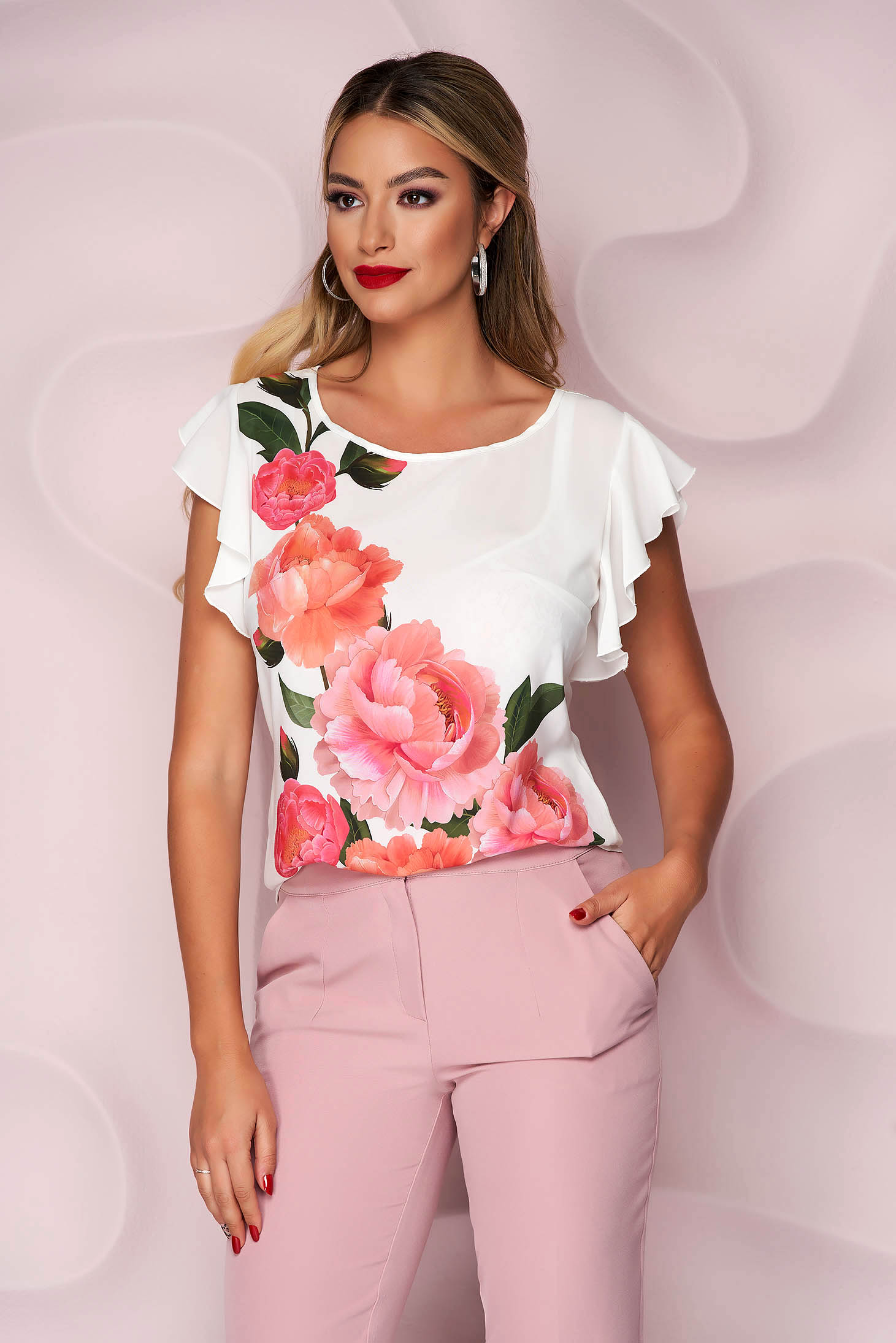 StarShinerS white women`s blouse elegant from veil fabric flared with floral print