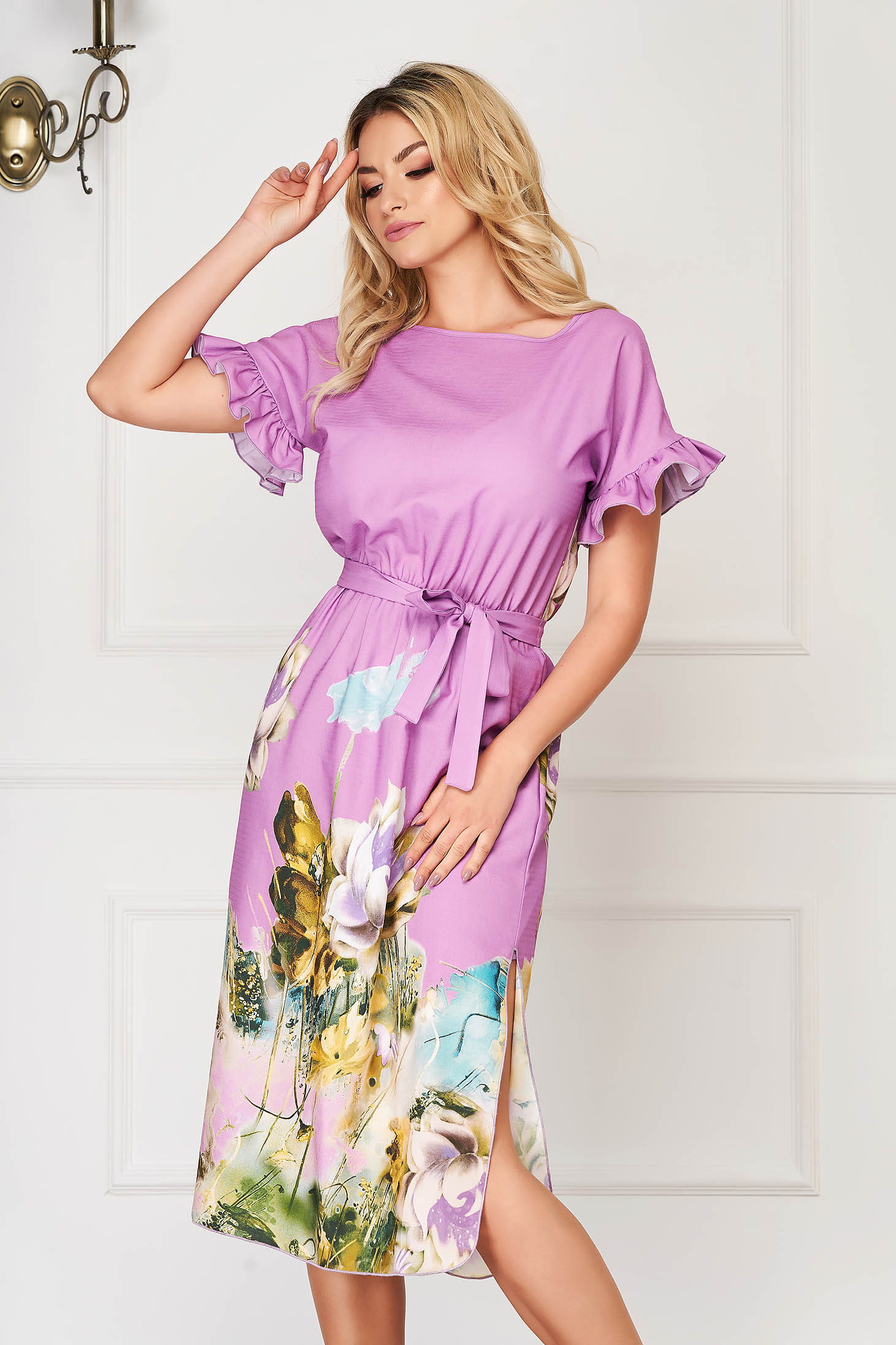 Rochie StarShinerS mov midi de zi in clos din bumbac subtire cu volanase la maneca