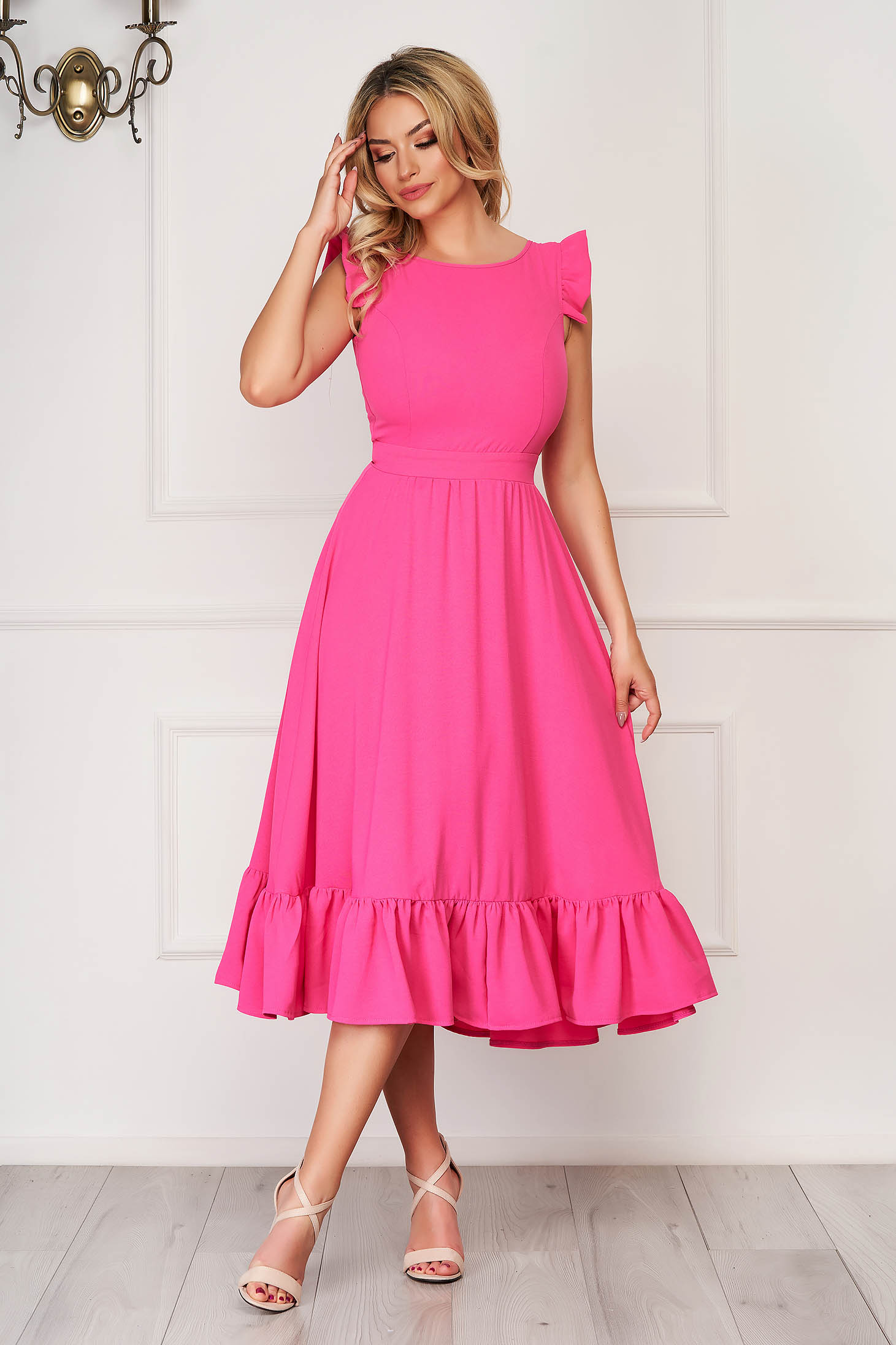 Pink midi A-line dress made of thin fabric with open back - StarShinerS