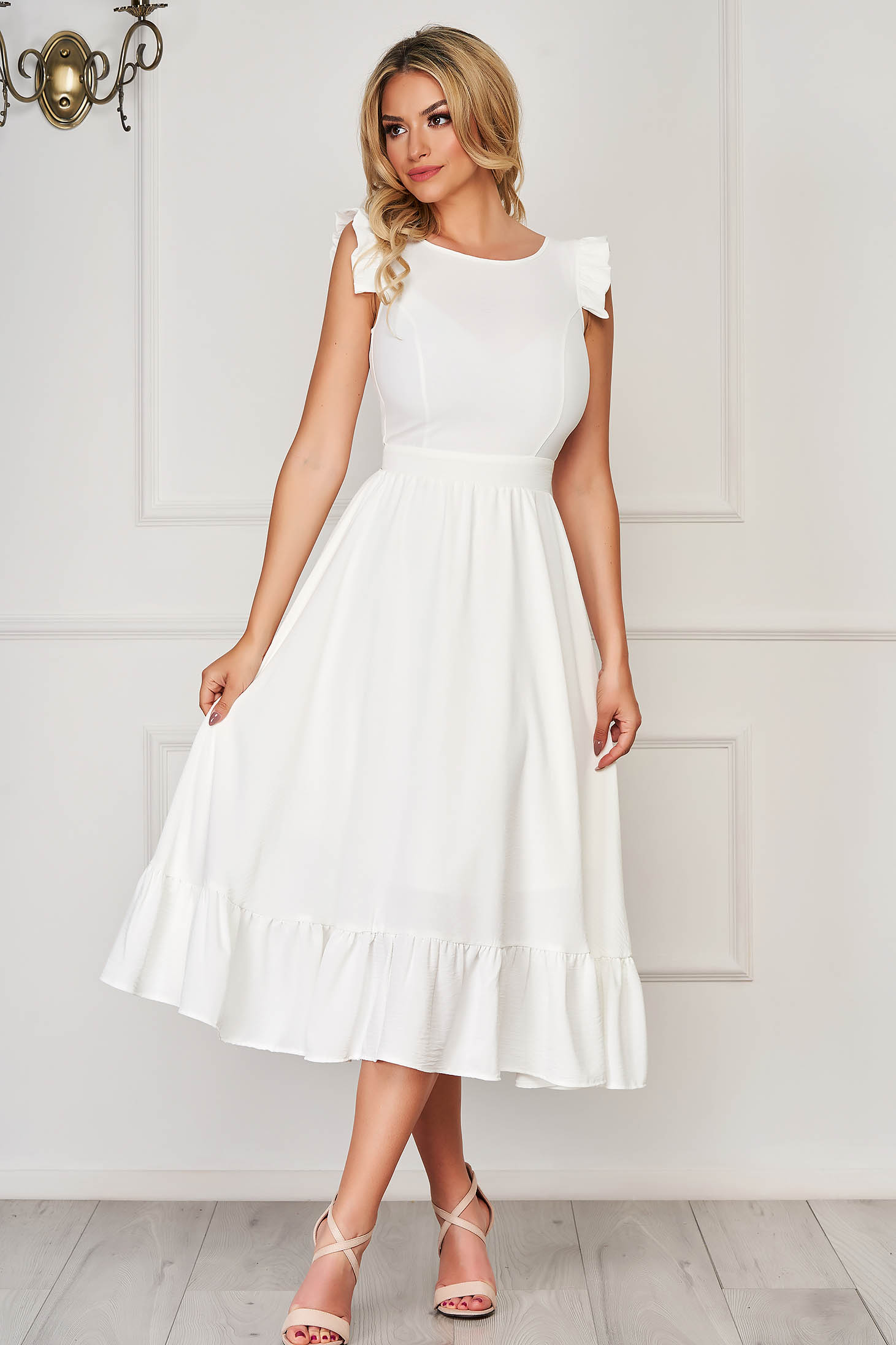 Midi white linen-like thin material dress with a cut-out back - StarShinerS