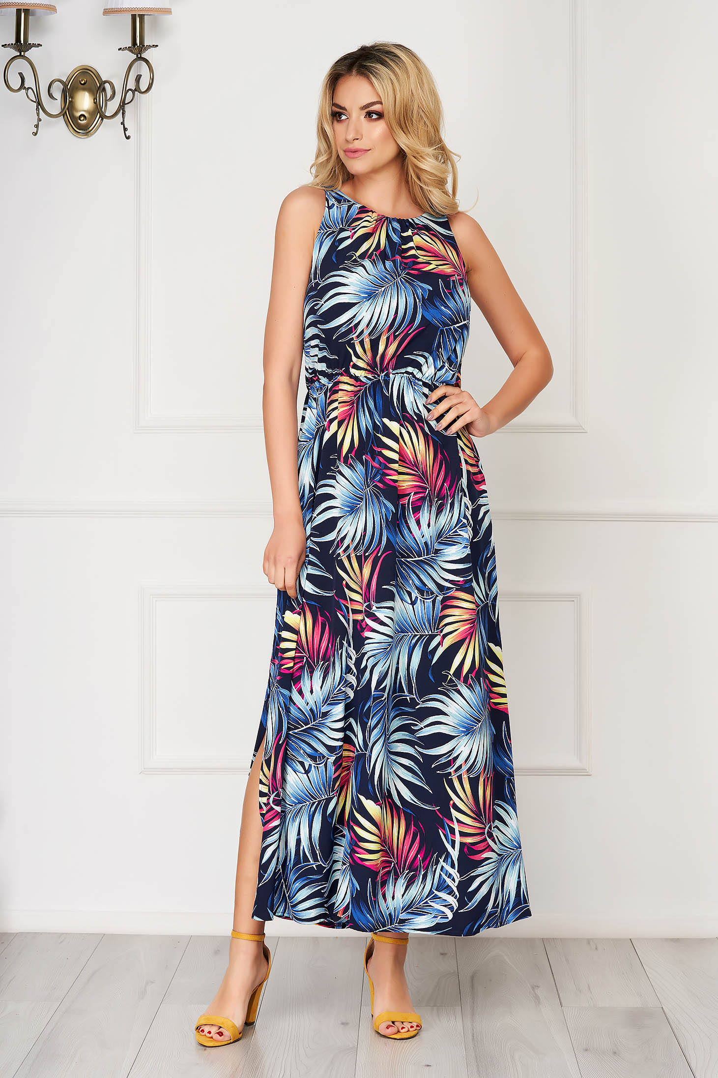 Rochie StarShinerS albastru-inchis lunga de zi din material subtire fara maneci