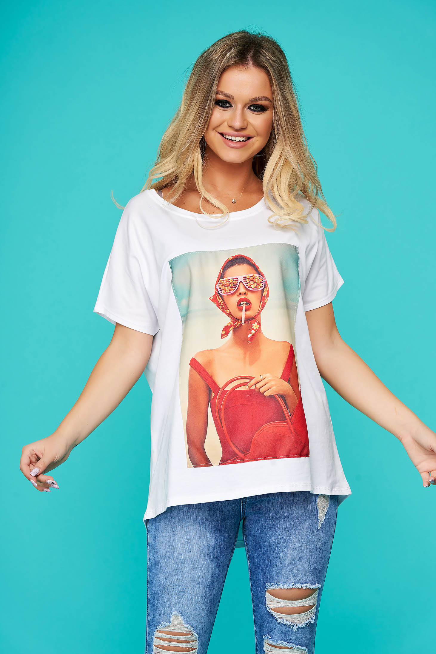 Tricou SunShine alb casual din bumbac cu croi larg si imprimeuri grafice