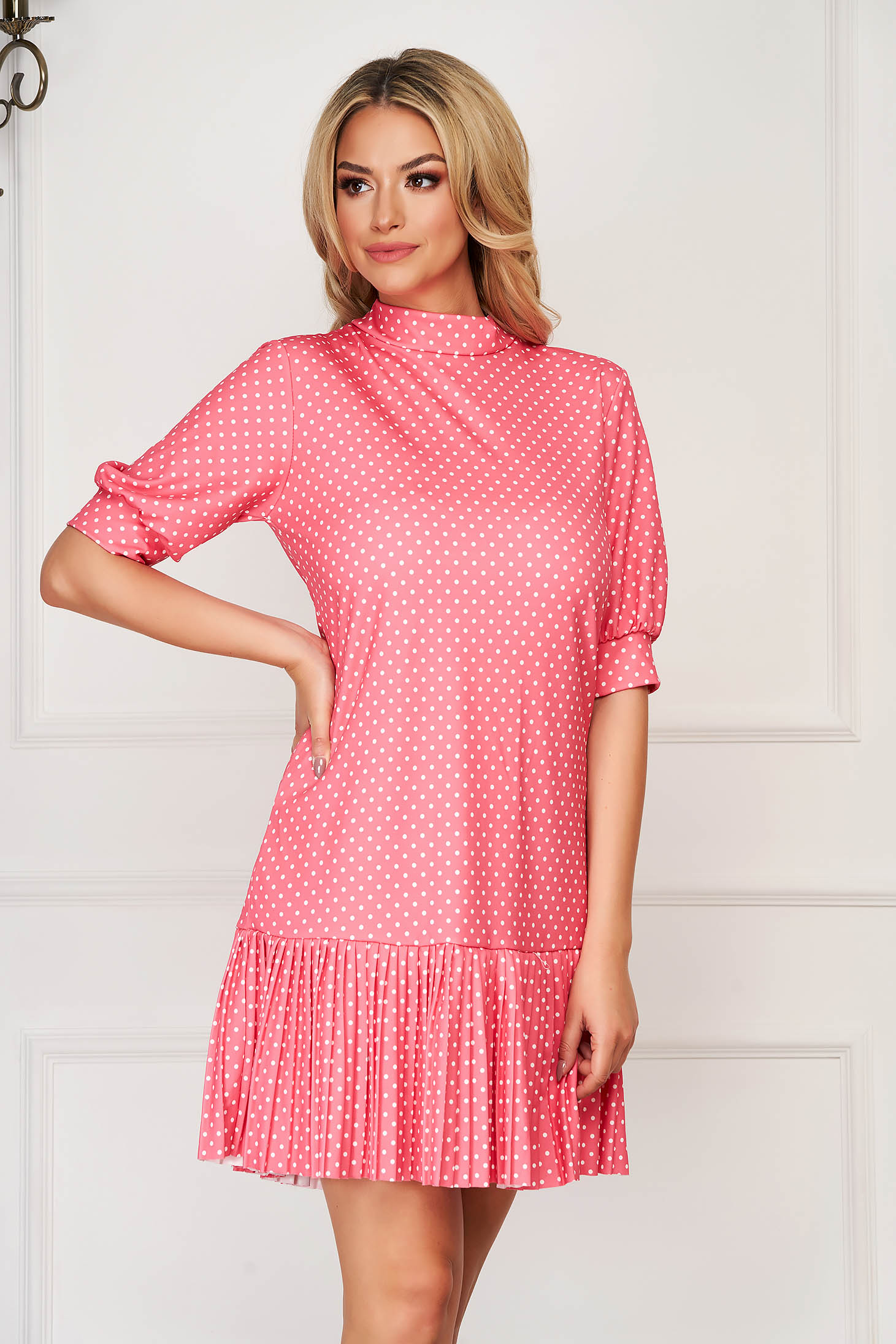 Rochie SunShine corai scurta de zi cu croi larg din material subtire cu buline