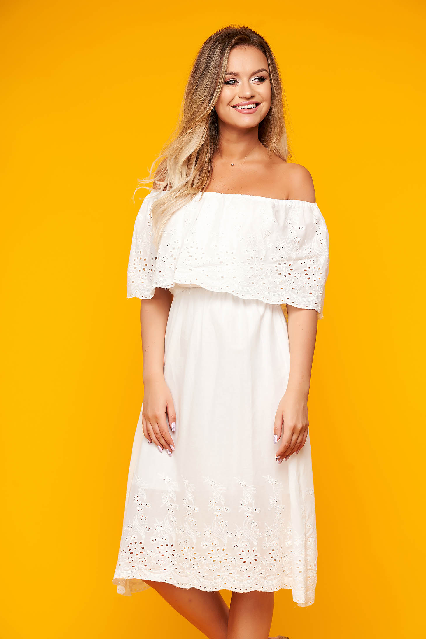 Rochie SunShine alba scurta de zi din bumbac neelastic cu umeri goi