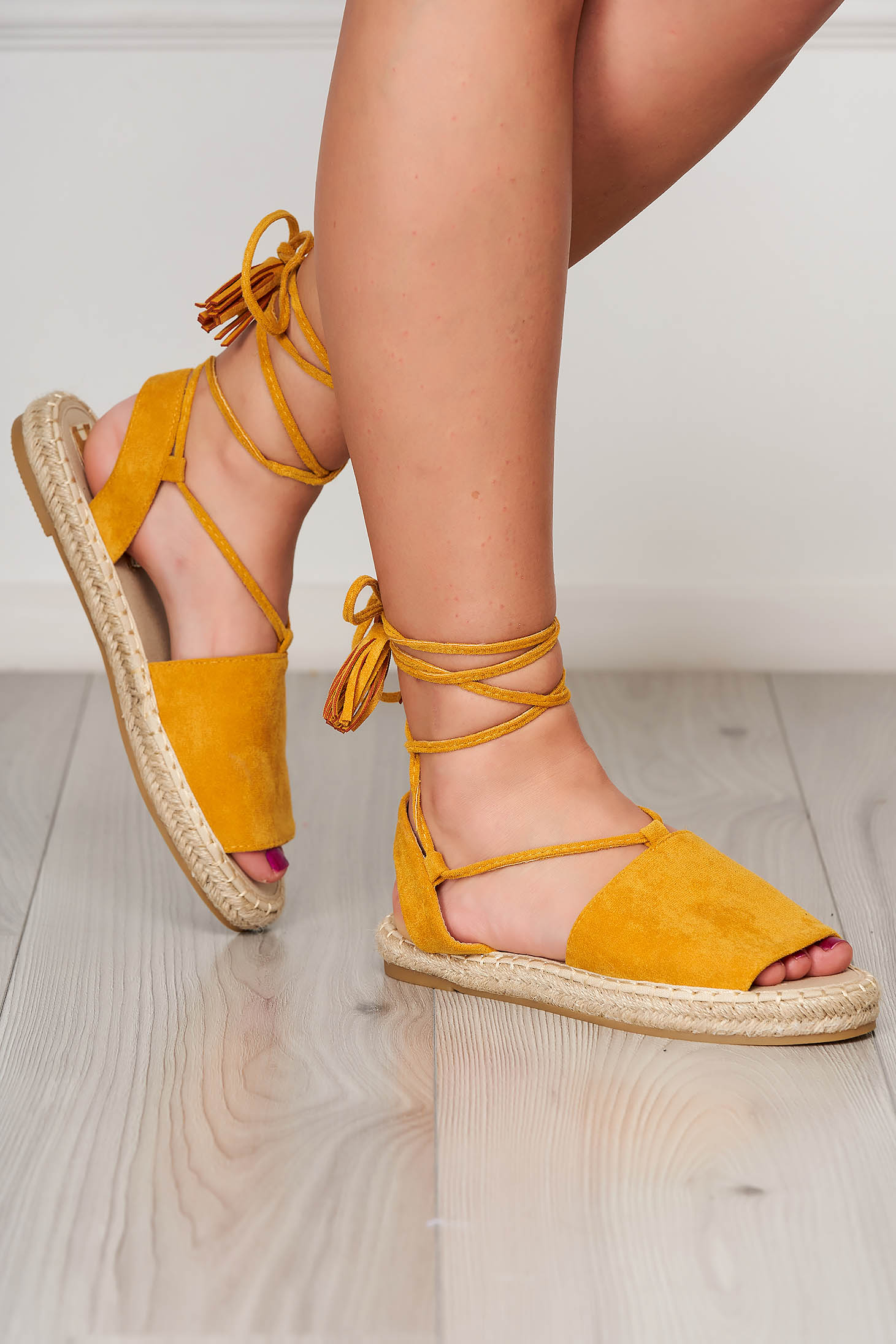 Yellow beach espadrilles made of faux suede with lace 1 - StarShinerS.com