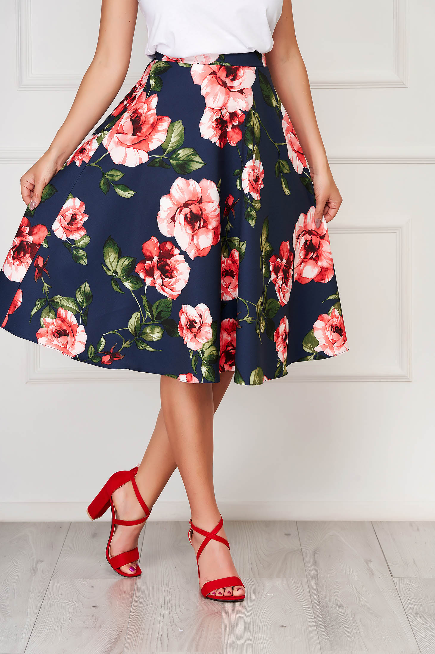 Fusta StarShinerS rosie eleganta midi din stofa fara captuseala