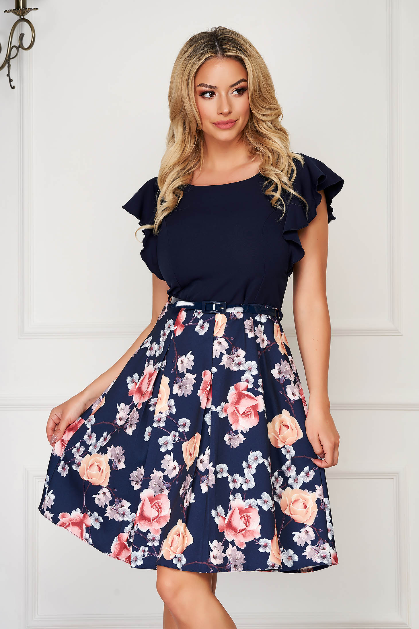 StarShinerS darkblue dress elegant midi cloche with ruffled sleeves thin fabric