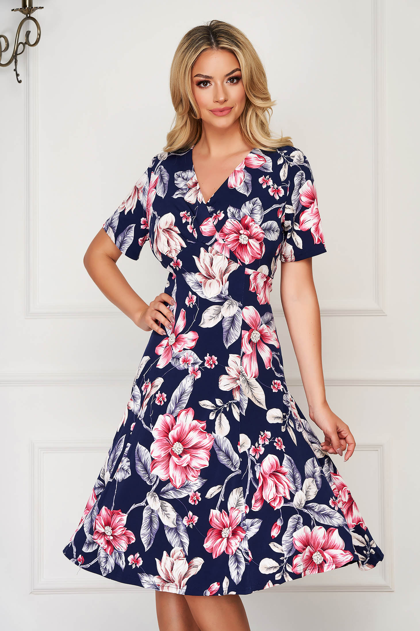 Rochie StarShinerS albastru-inchis midi de zi in clos din lycra cu maneci scurte