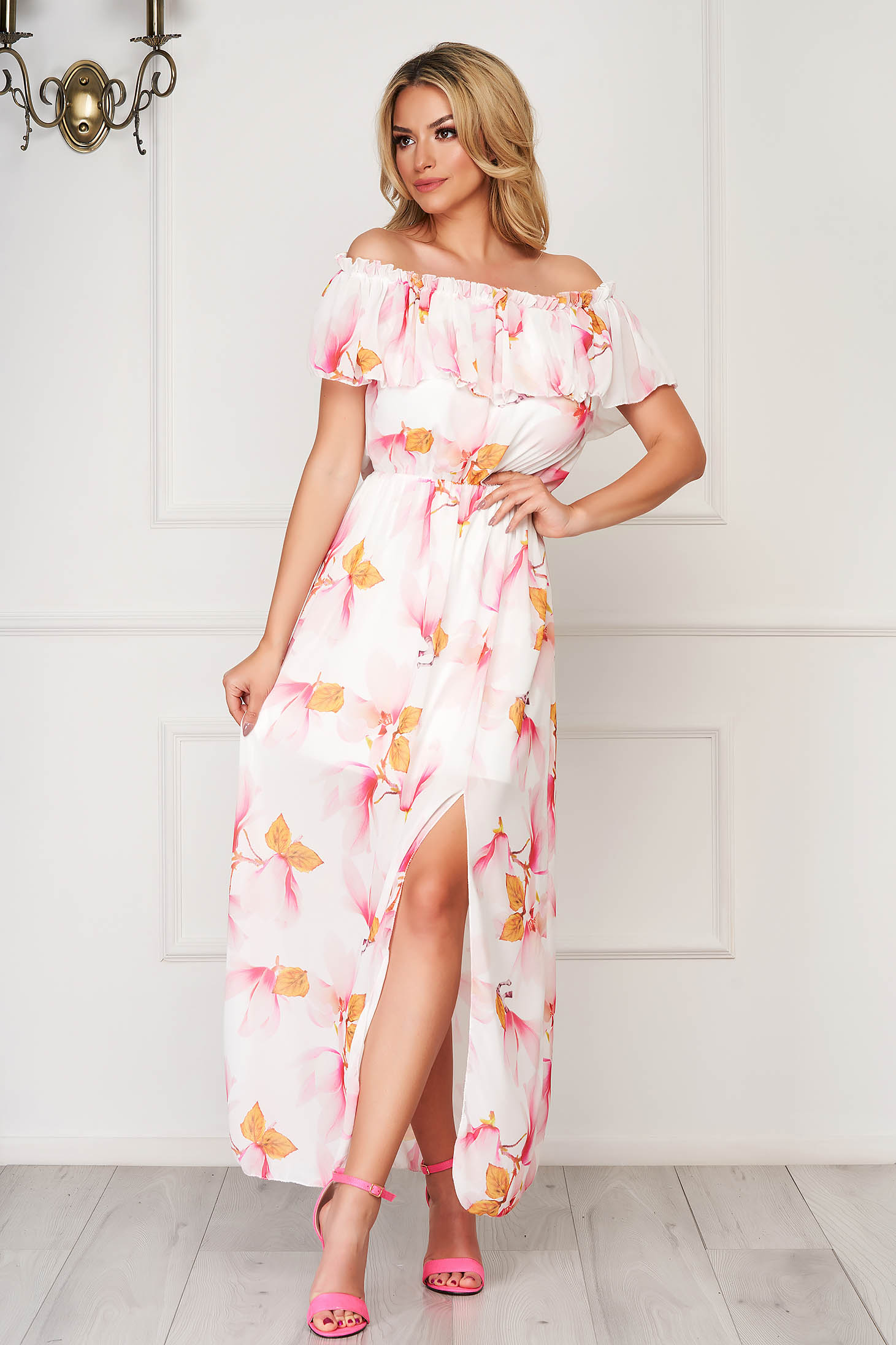 Rochie SunShine alba lunga de zi in clos din voal cu umeri goi si elastic in talie