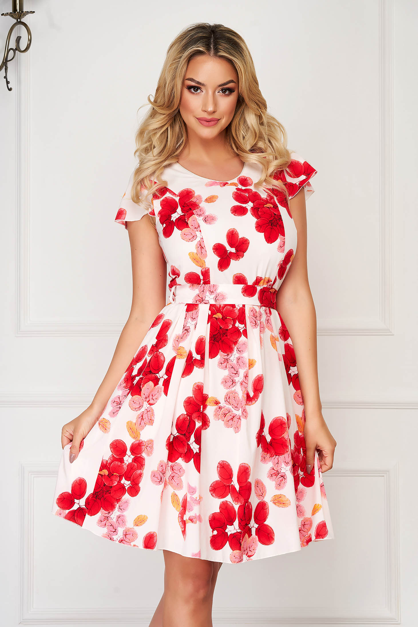 white dress with red floral print