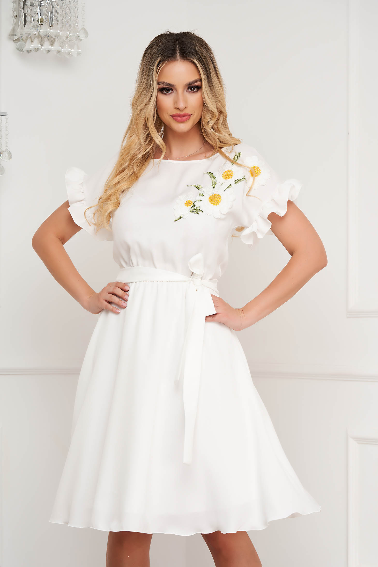 Midi white dress made of stretchy material, A-line cut with ruffles on the sleeves and unique floral embroidery - StarShinerS 1 - StarShinerS.com