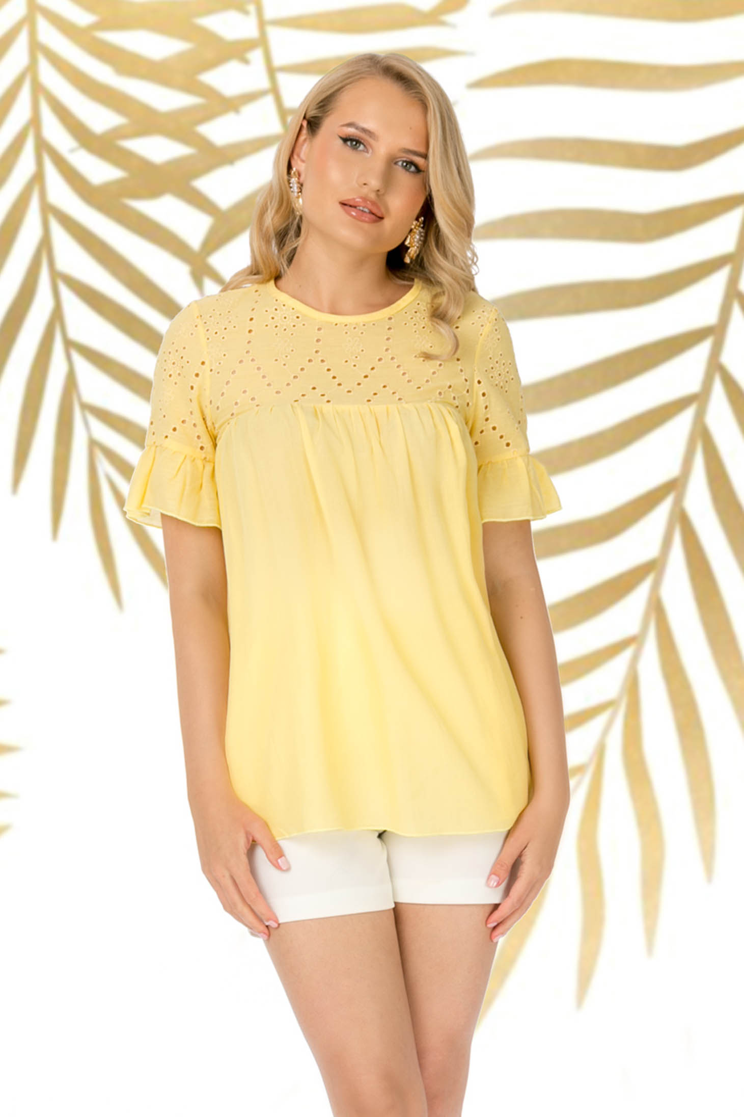Yellow women`s blouse casual flared cotton