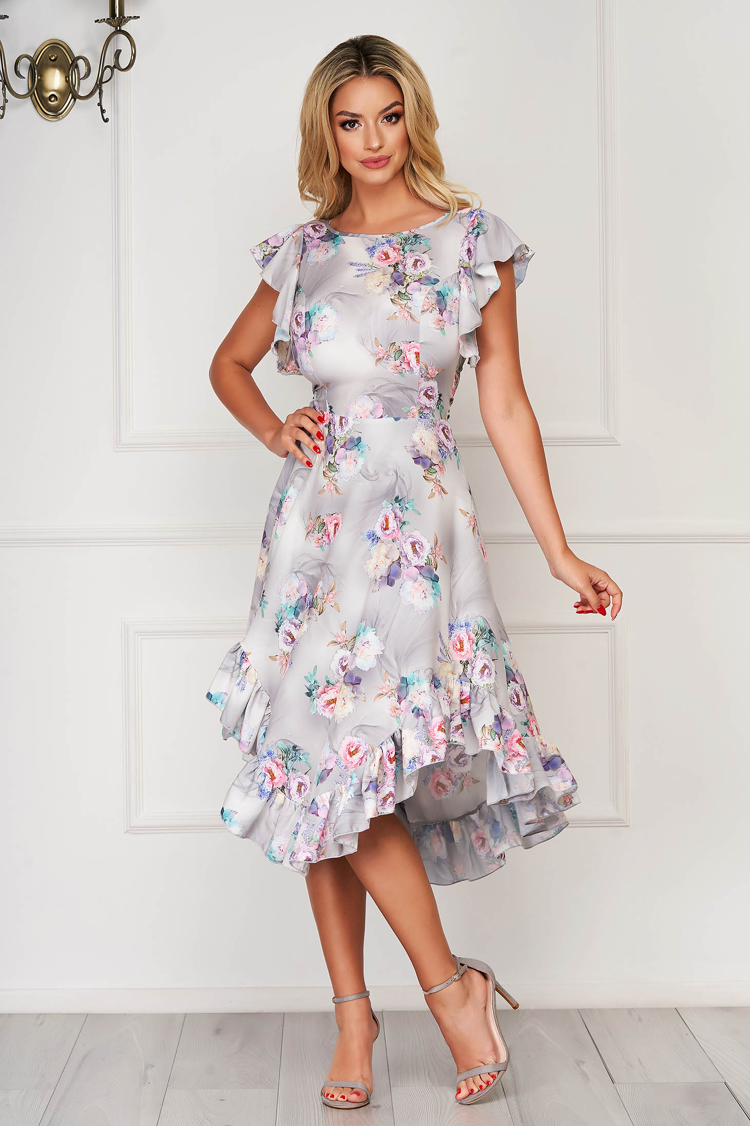 Rochie StarShinerS cu imprimeu floral eleganta midi in clos din material moale cu volanase