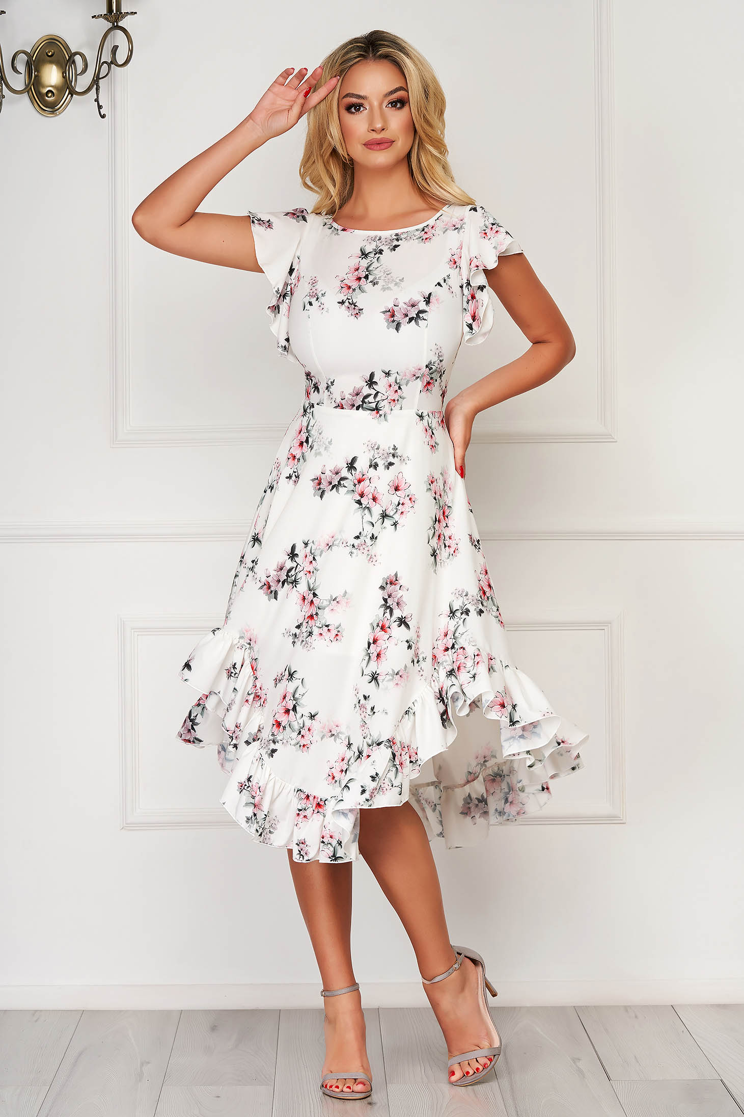 Rochie StarShinerS ivoire cu imprimeu floral eleganta midi in clos din material moale cu volanase