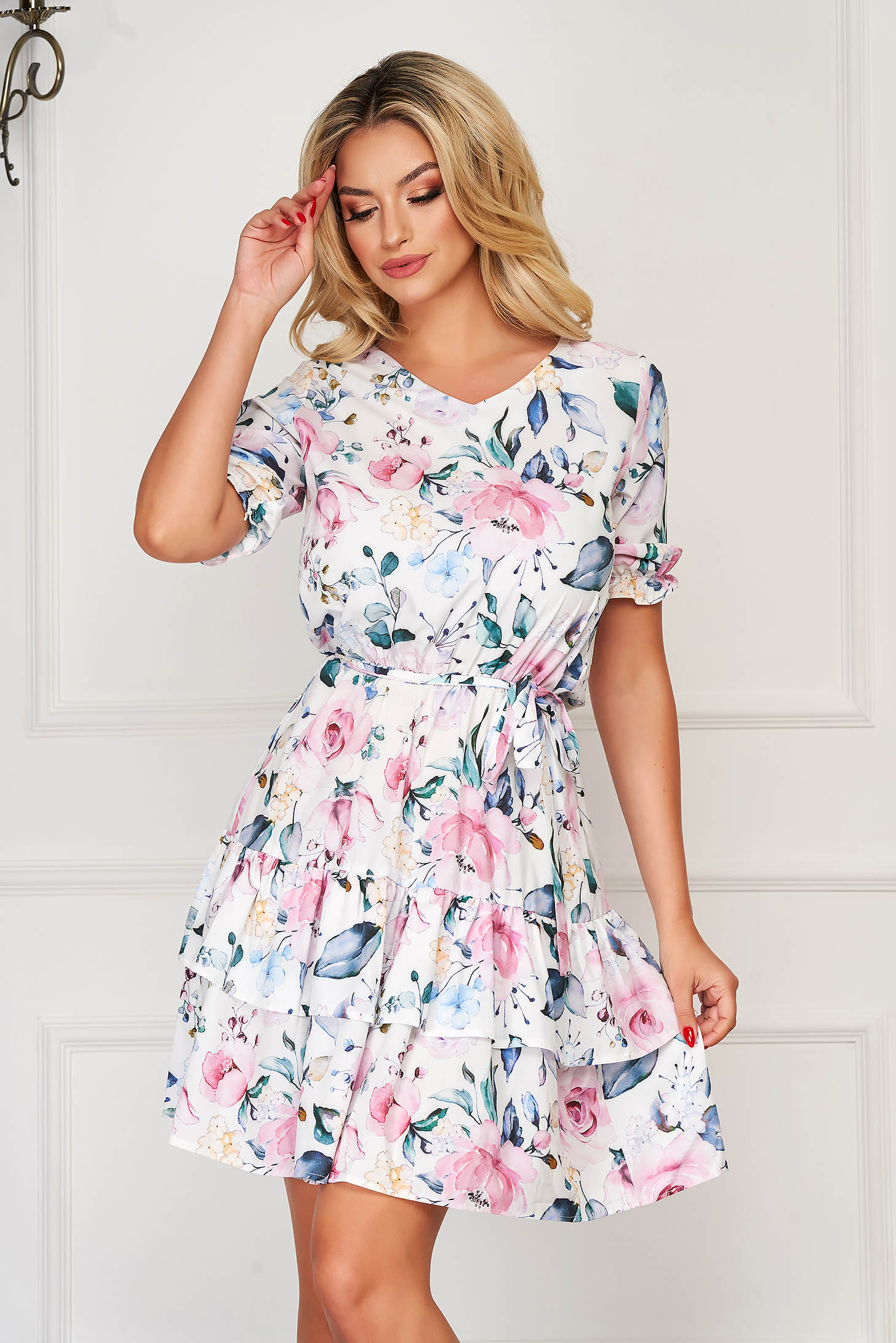 Rochie StarShinerS alba scurta de zi din material subtire cu decolteu in v