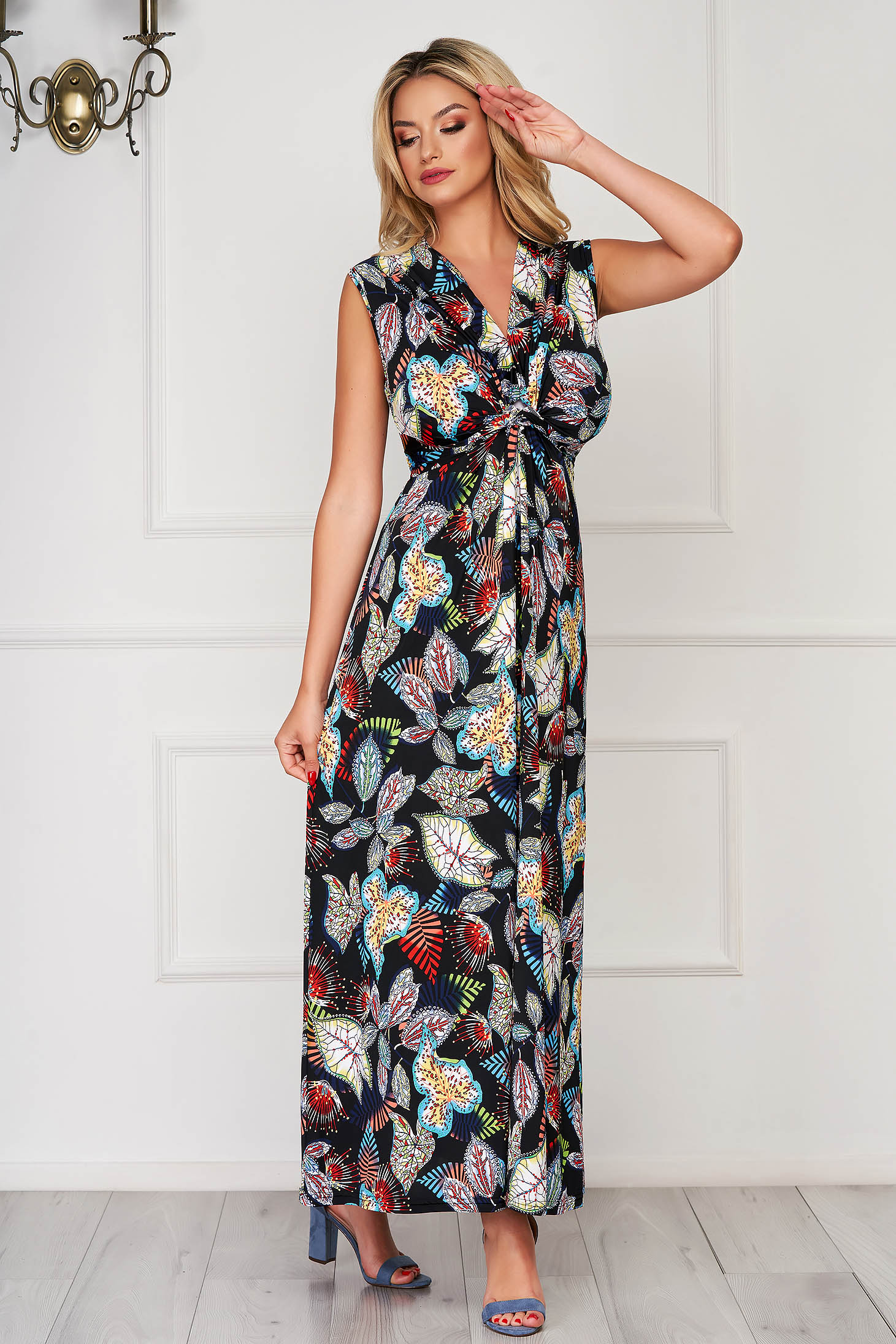 Rochie StarShinerS neagra de zi cu croi larg cu decolteu in v lycra cu imprimeu floral