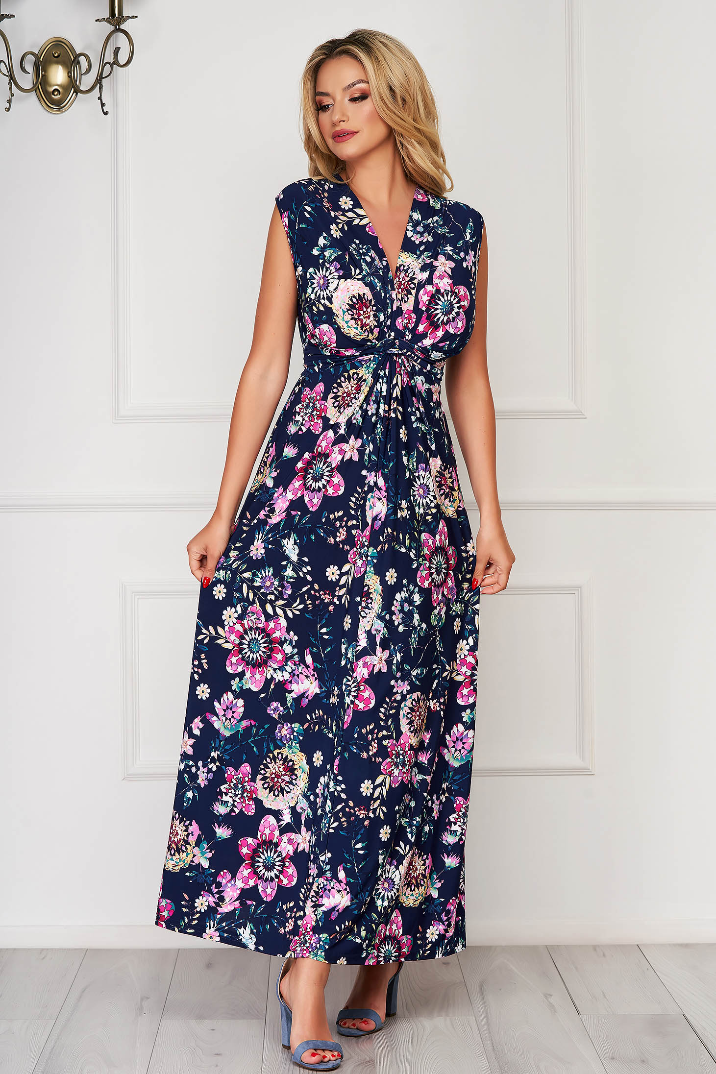 Rochie StarShinerS albastru-inchis de zi cu croi larg cu decolteu in v lycra cu imprimeu floral