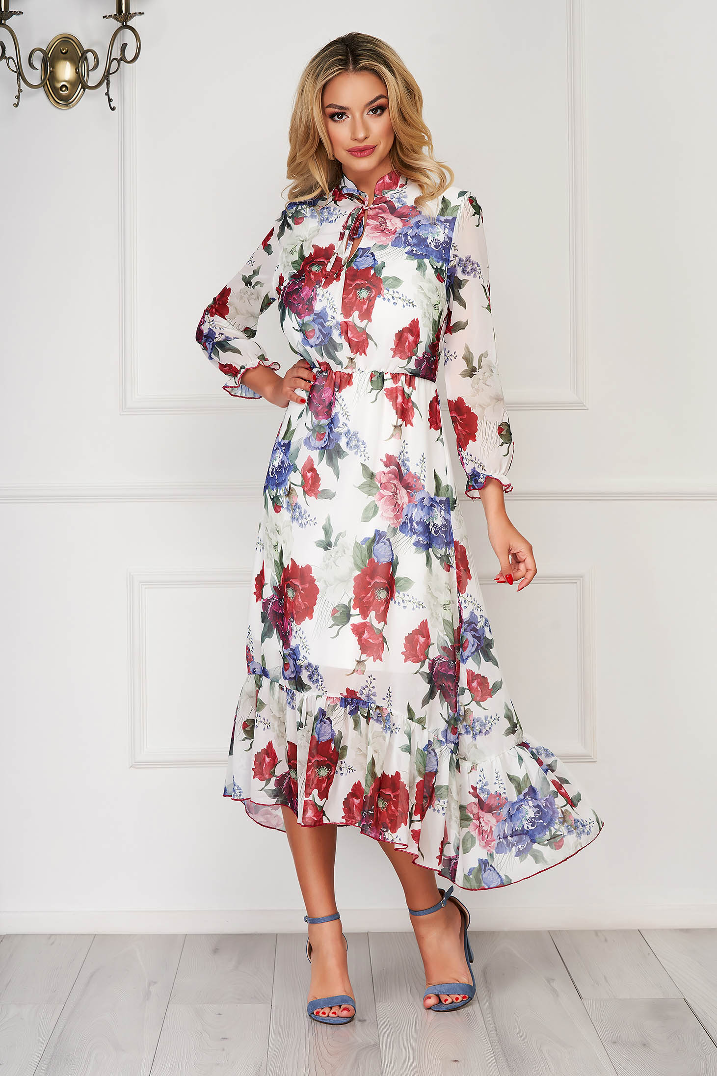 StarShinerS white elegant asymmetrical dress with floral prints from veil fabric with elastic waist